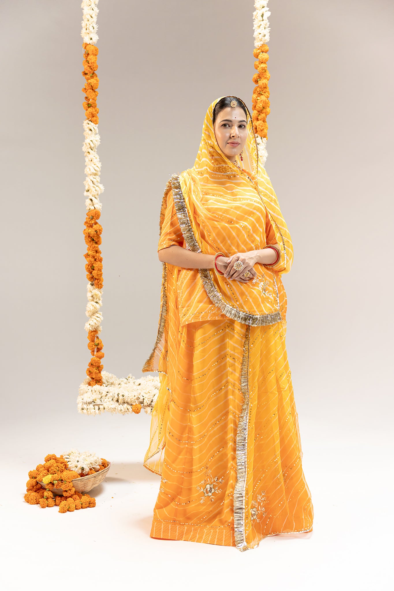 Pure Georgette 20 Gsm Yellow Leheriya Aari Sequins Jaal Work Poshak