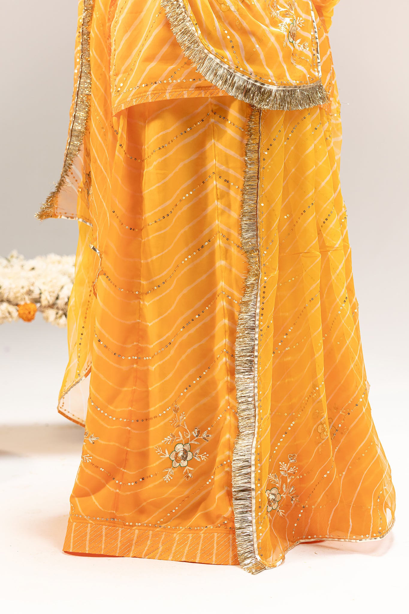 Pure Georgette 20 Gsm Yellow Leheriya Aari Sequins Jaal Work Poshak