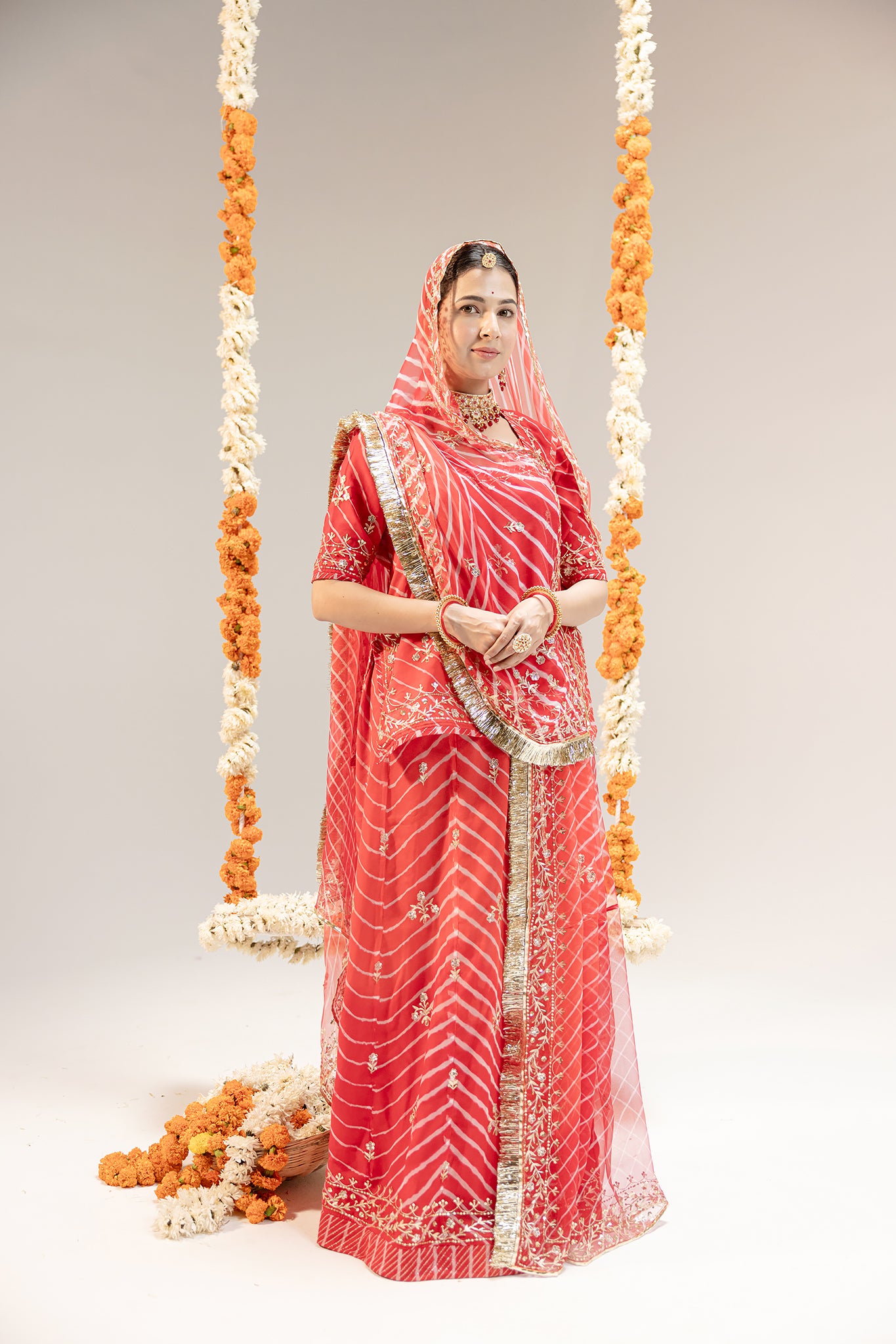 Pure Georgette 20 Gsm Red Leheriya Aari Sequins Kardana Border Booti Work Poshak