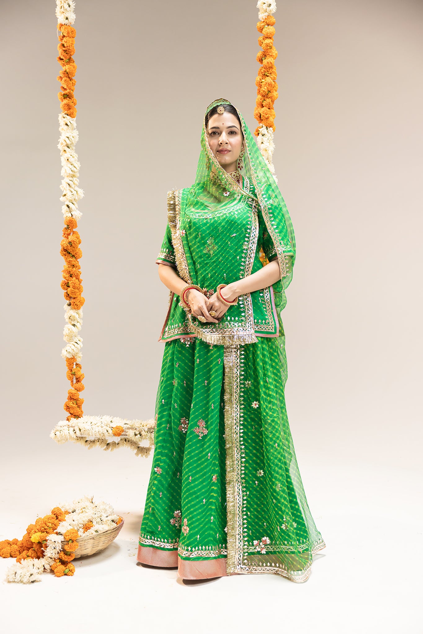 Pure Georgette 20 Gsm Green Leheriya Mothda Gota Paati Border Butti Work Poshak