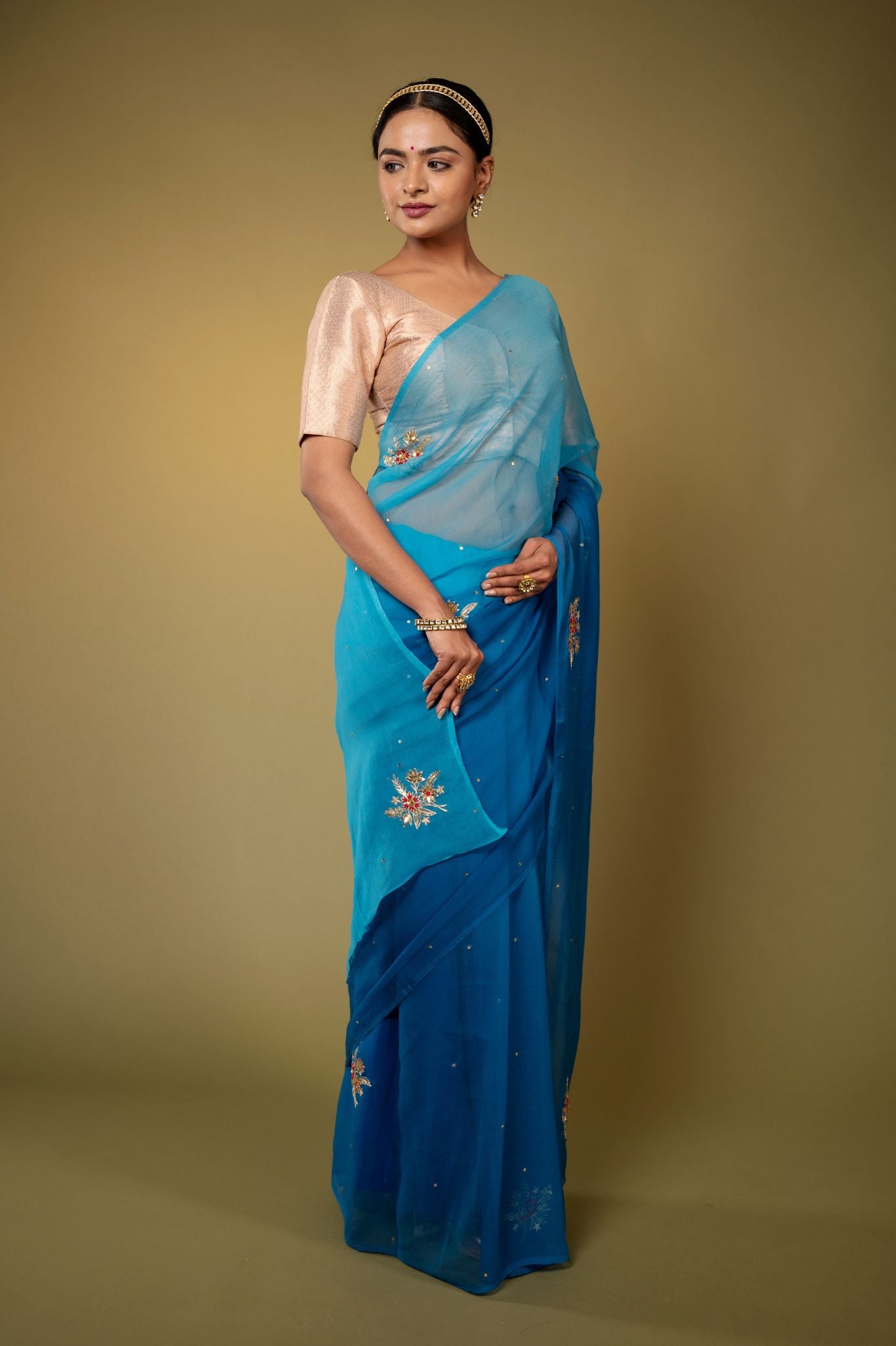Turquoise viscose chiffon aari sequins handwork casual wear saree