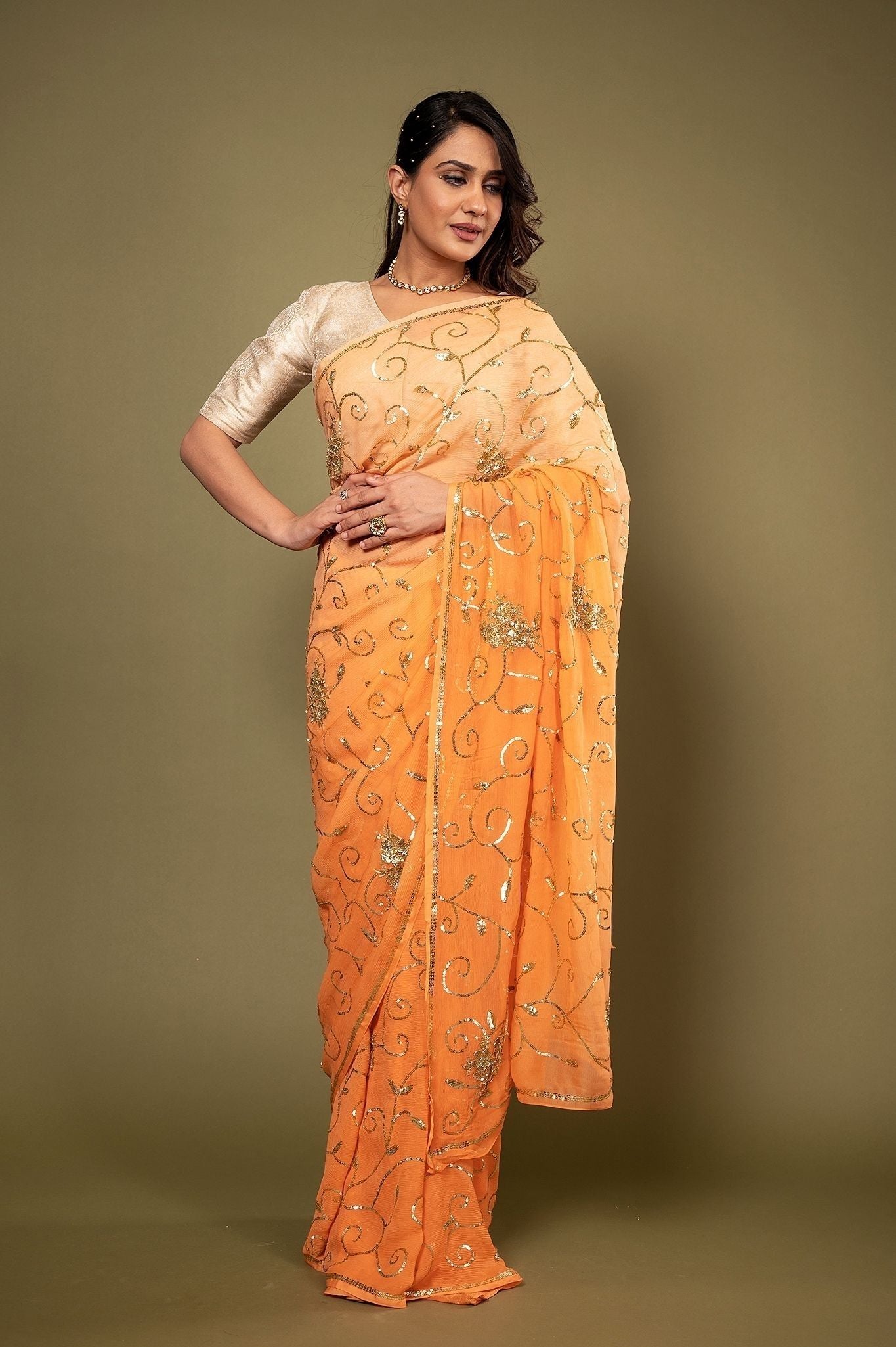 Orange Pure Chiffon aari sequins jaal handwork saree