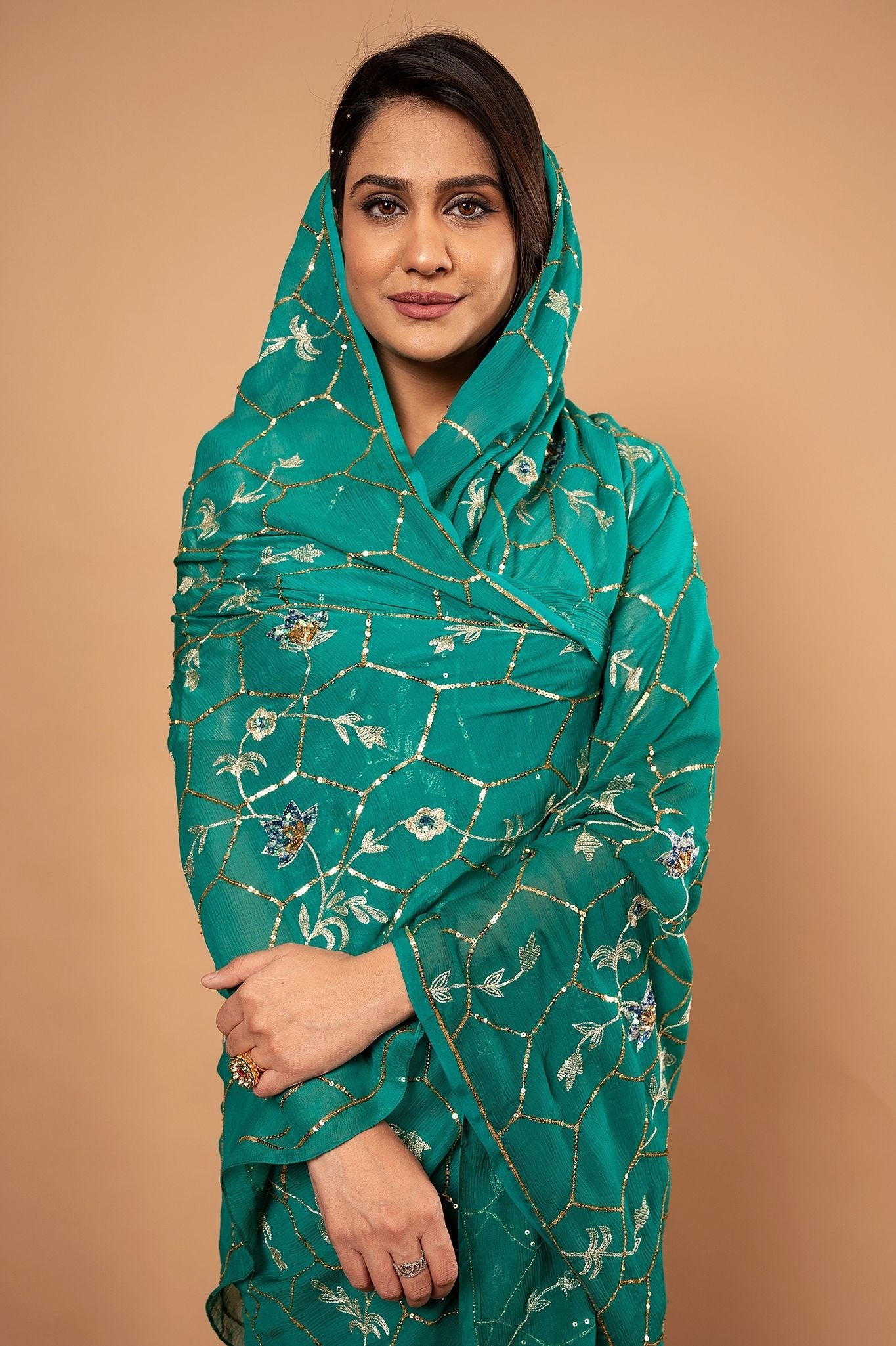 rama green Pure Chiffon aari sequins jaal handwork saree