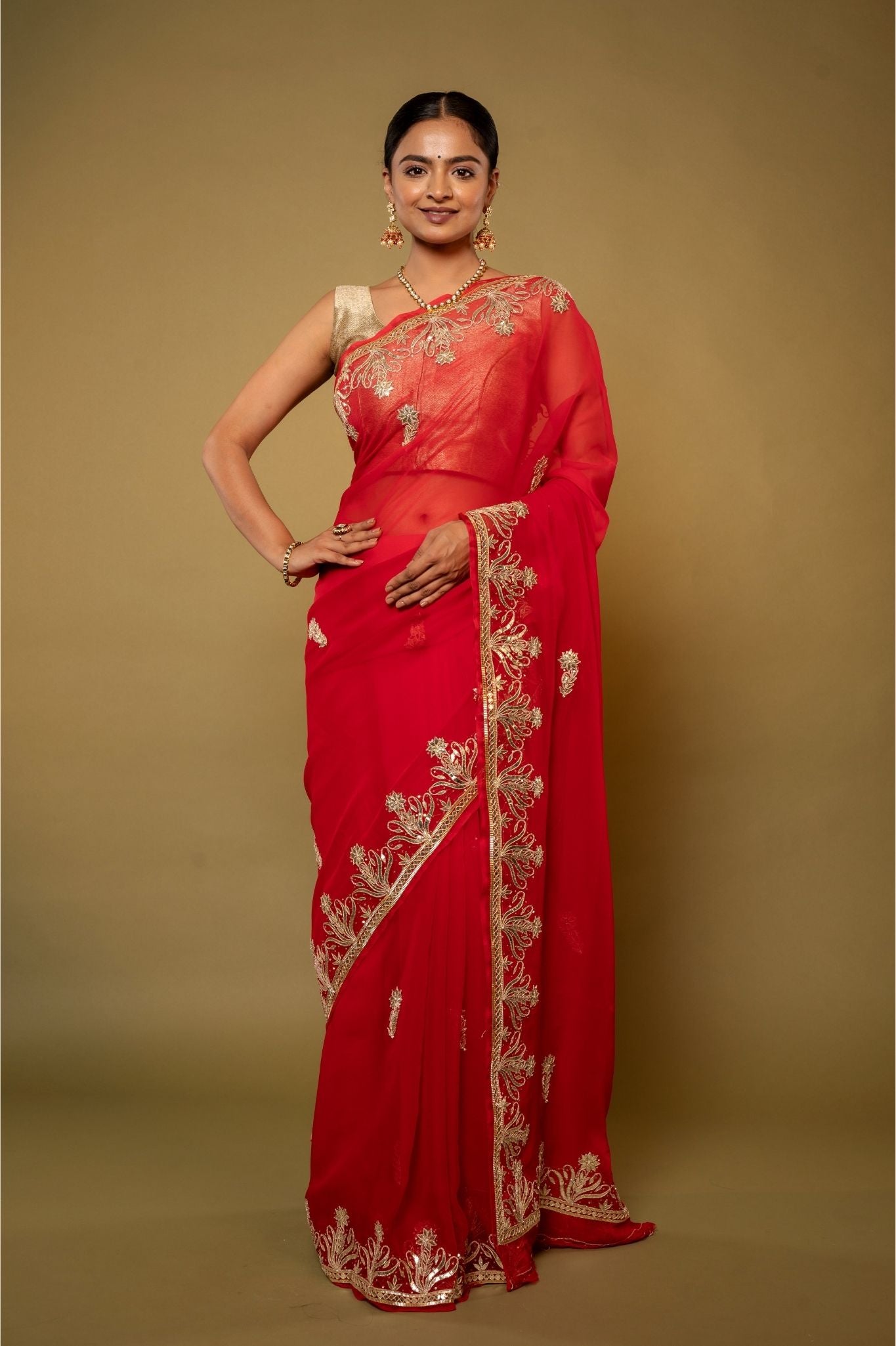 red Viscose Chiffon aari sequins handwork party wear saree