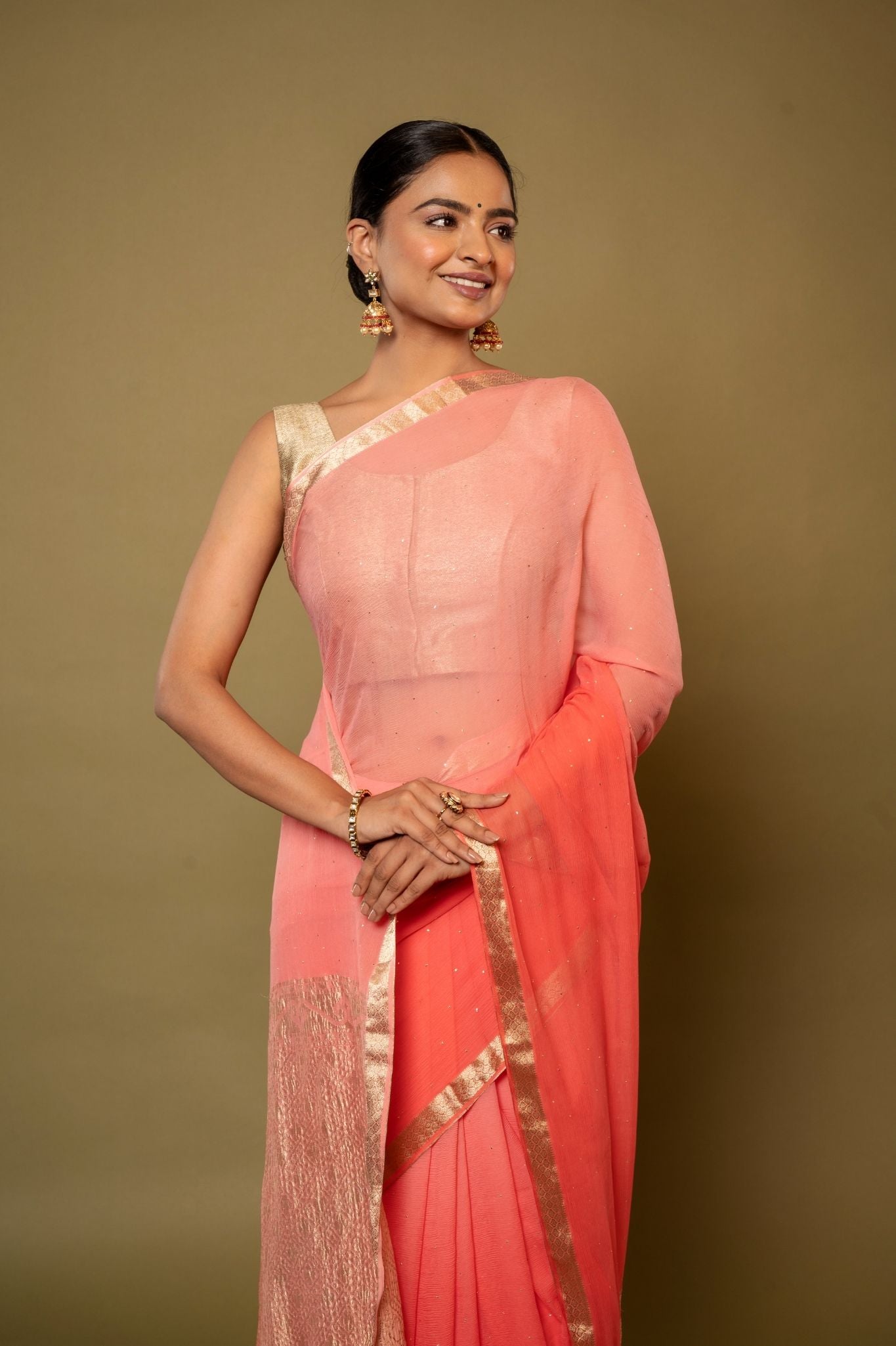 peach pure chiffon zari border saree