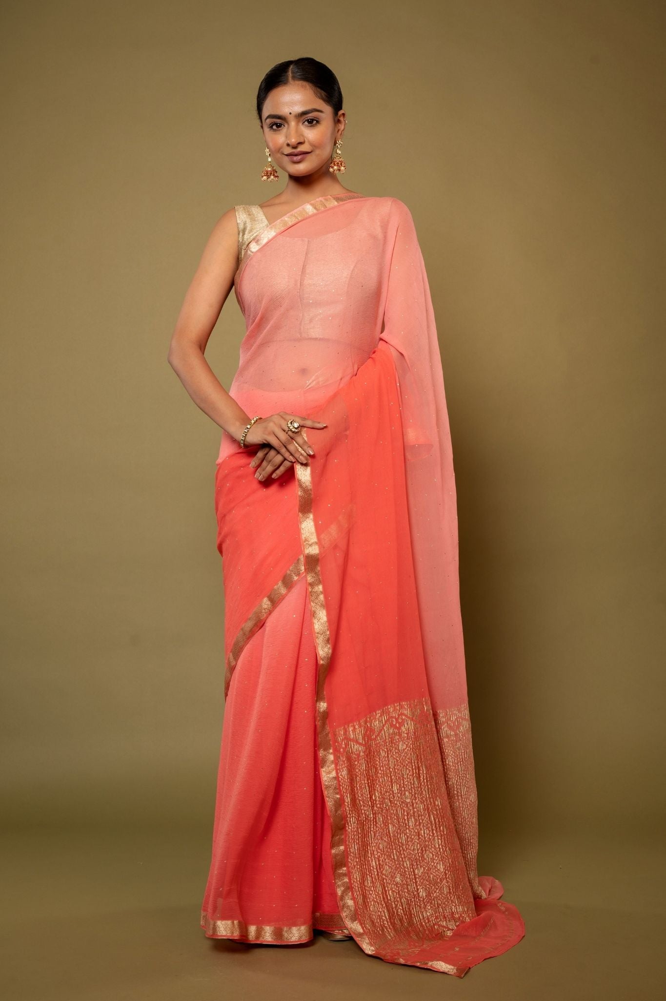 peach pure chiffon zari border saree