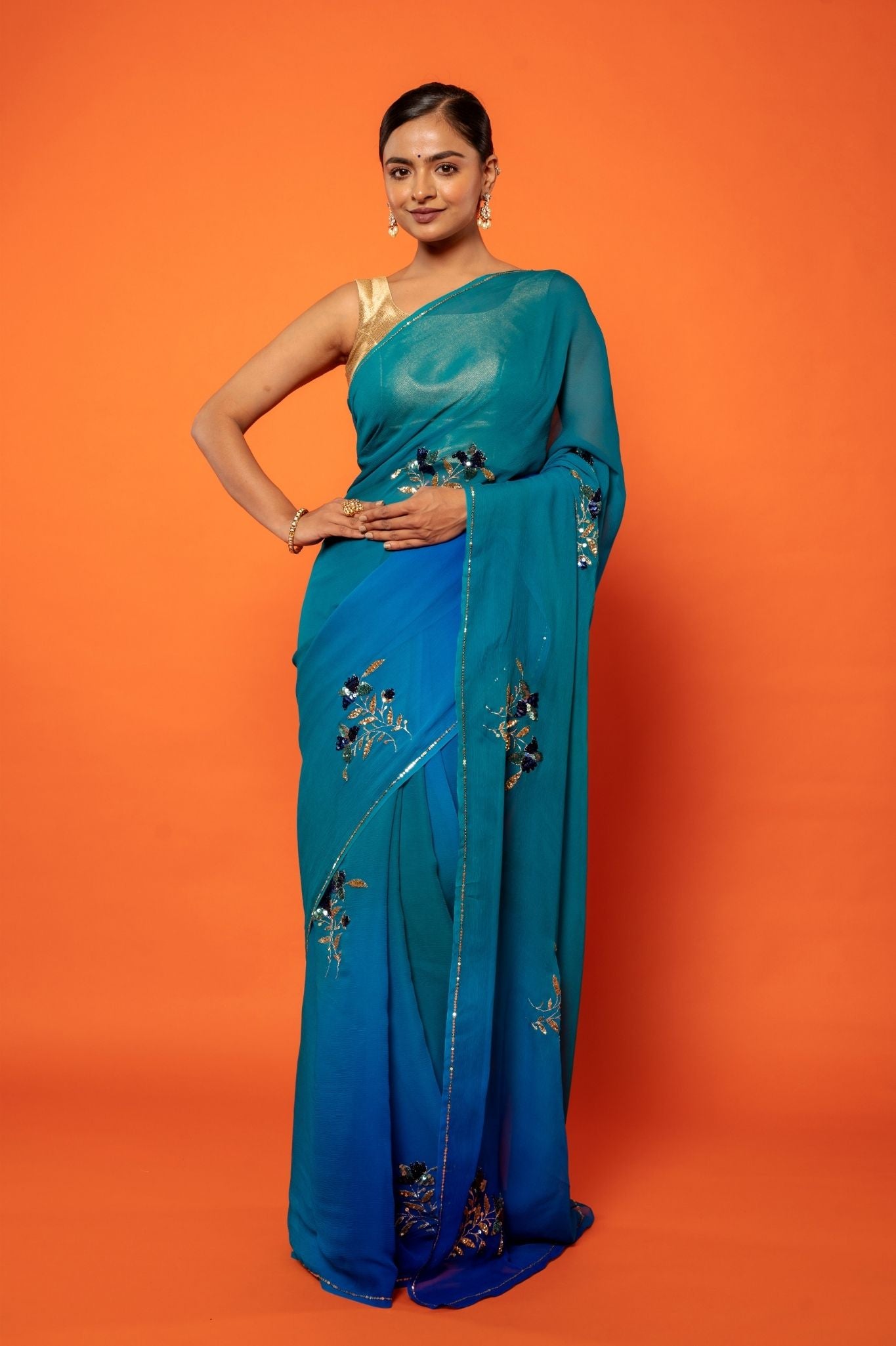peacock pure chiffon aari sequins handwork saree
