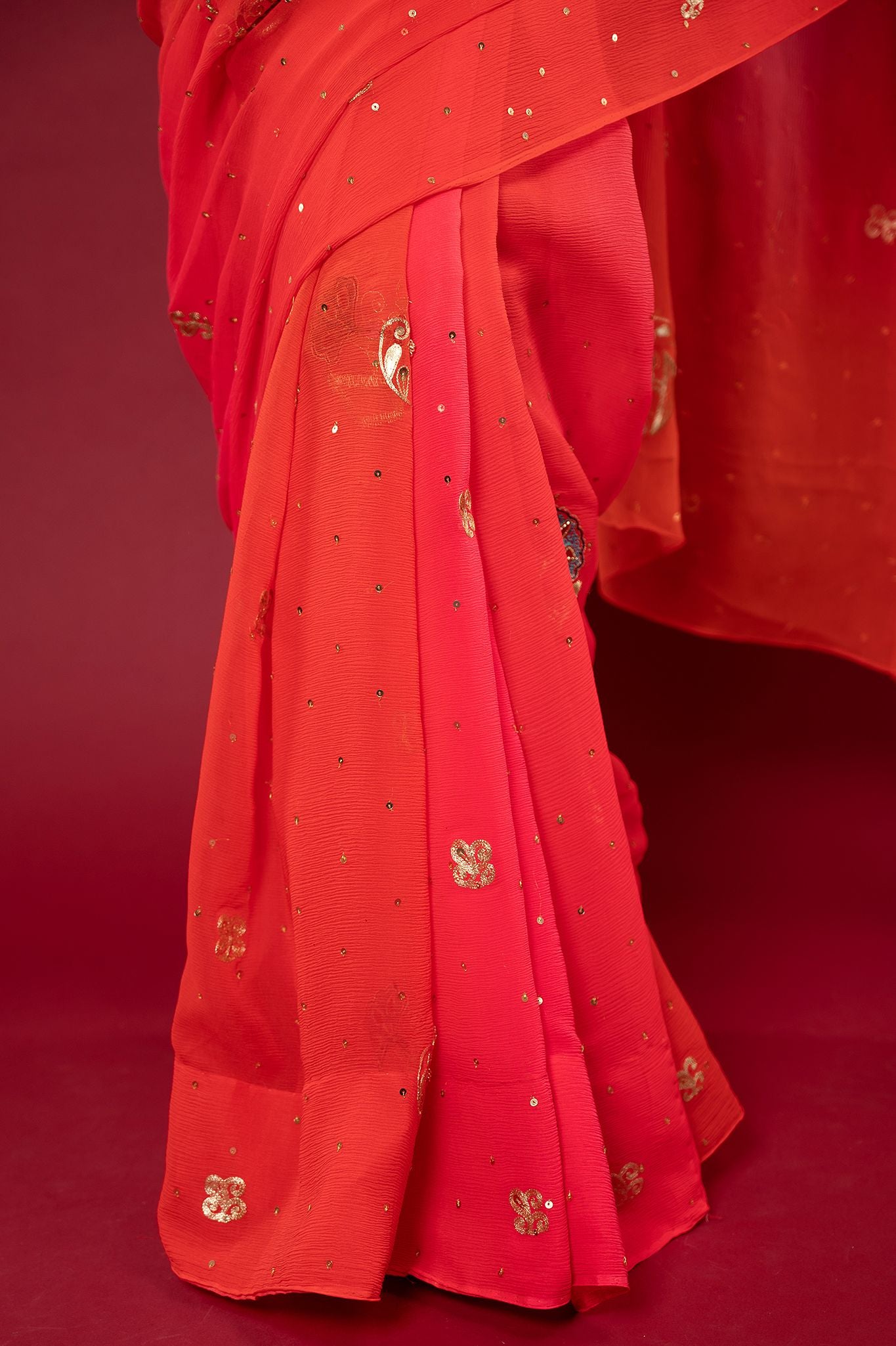 peach pink pure chiffon Aari zardozi resham motif handwork saree