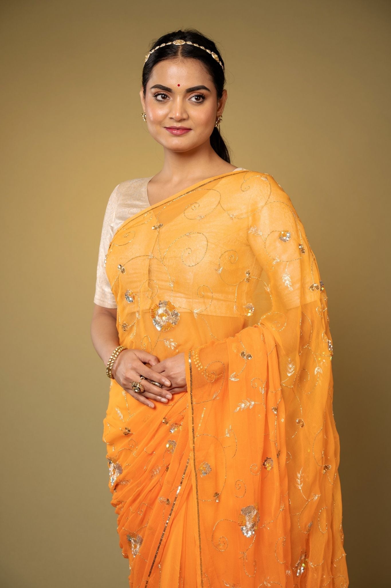 yellow Viscose Chiffon aari sequins jaal handwork party wear saree