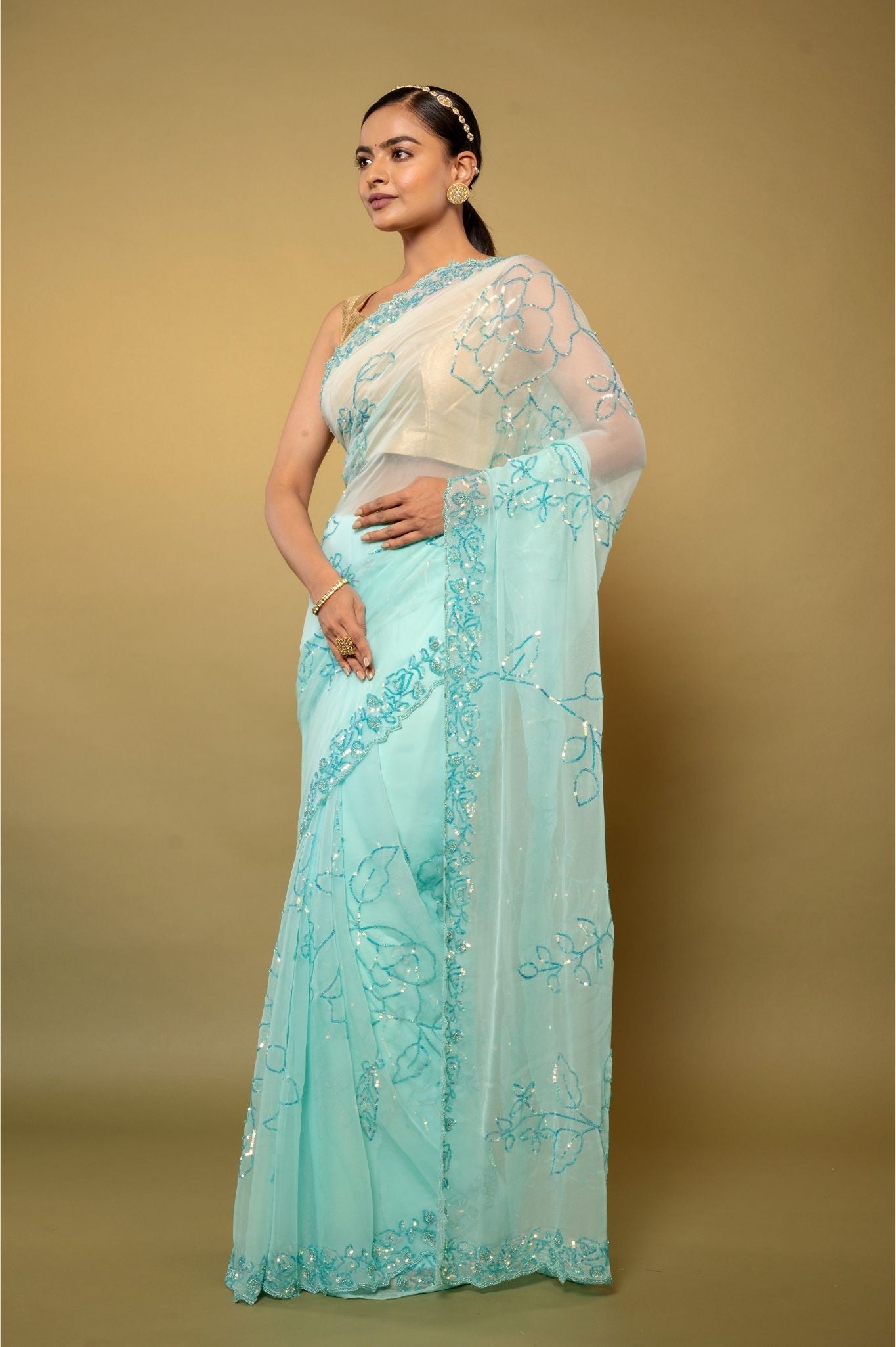 sky blue Viscose Chiffon sequins handwork party wear saree