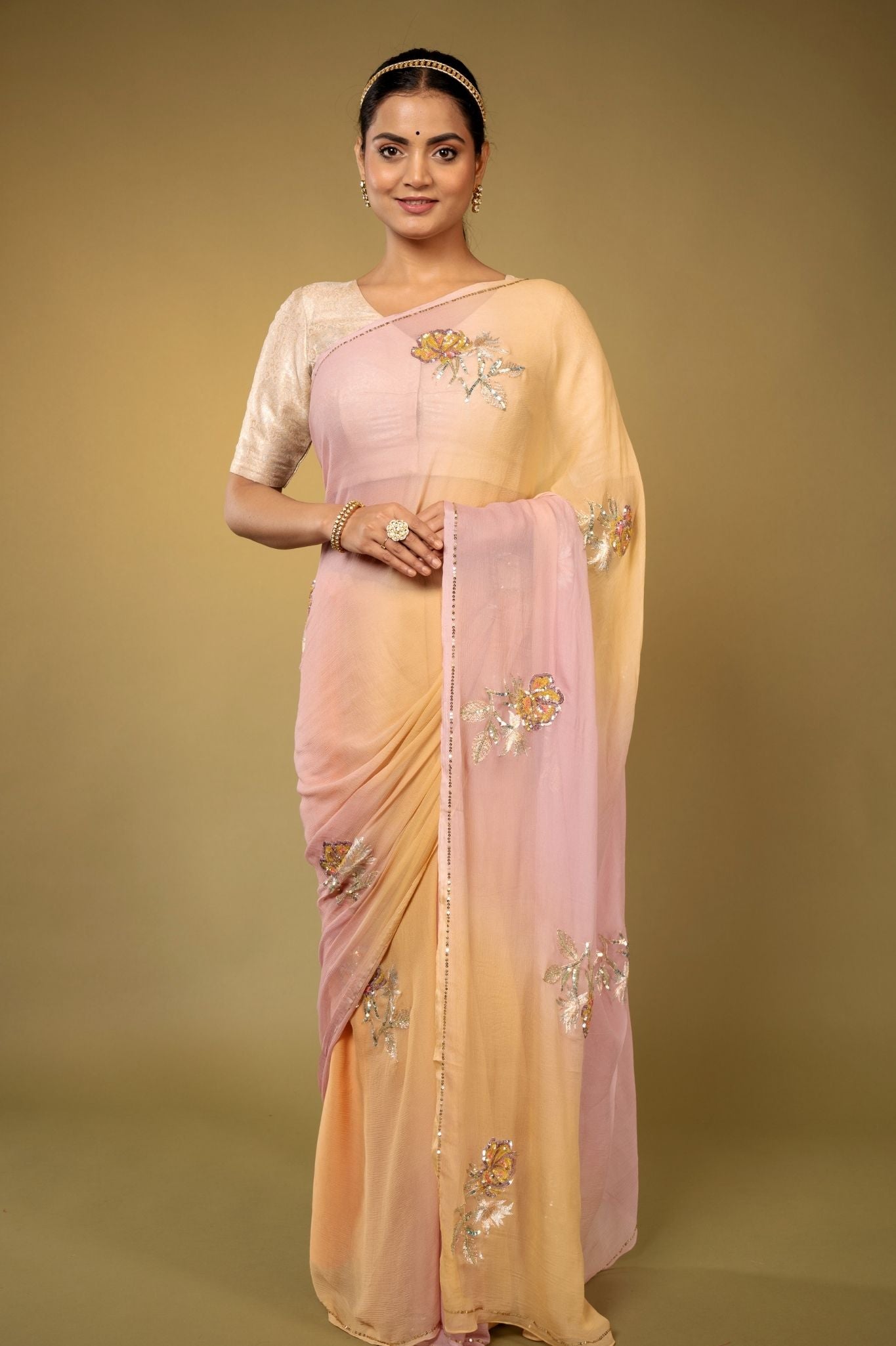 blush pink light peach pure chiffon aari sequins handwork saree