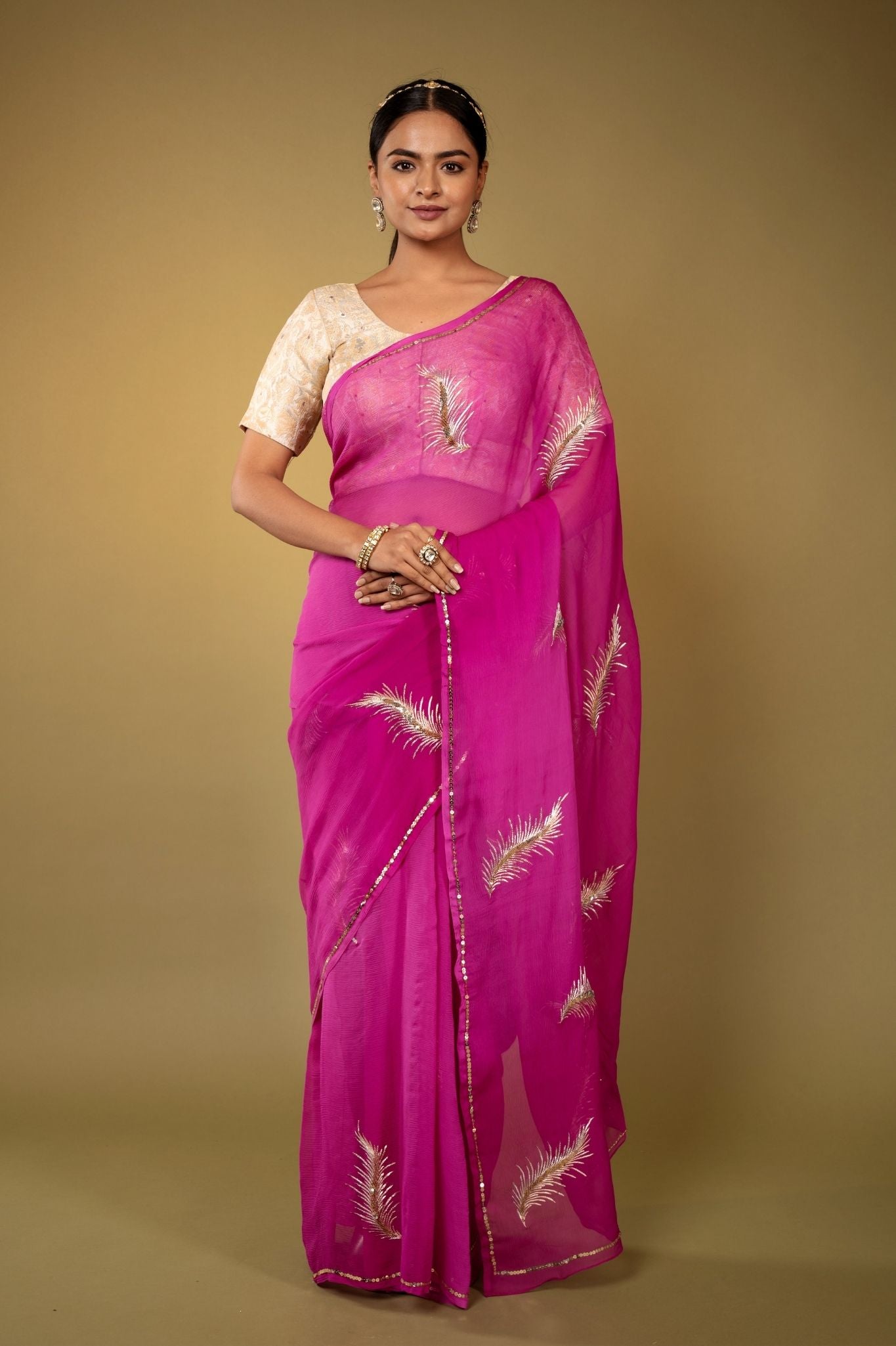 magenta Viscose Chiffon aari sequins handwork party wear saree
