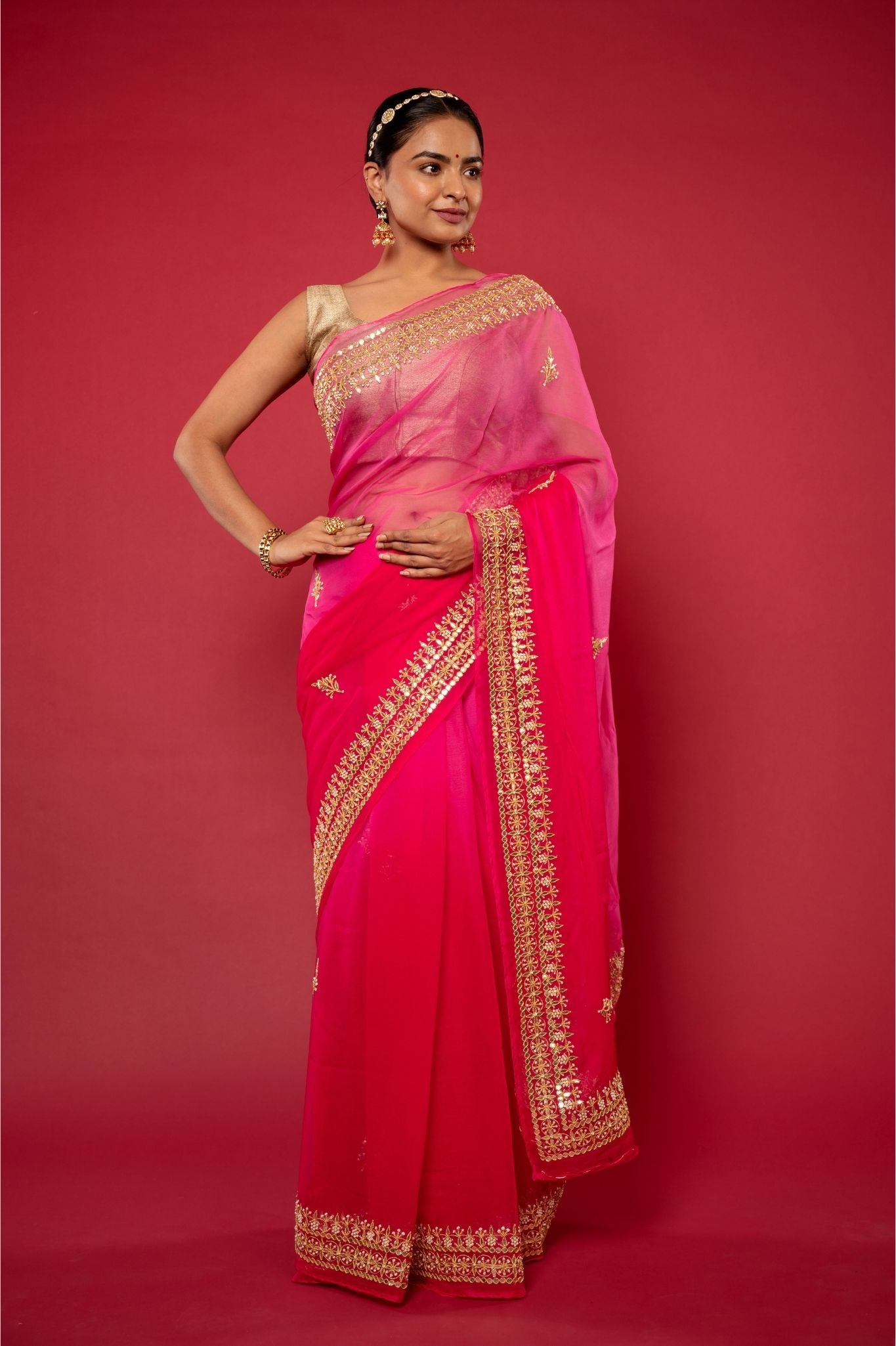 mangeta Viscose Chiffon gota pati border butti handwork party wear saree