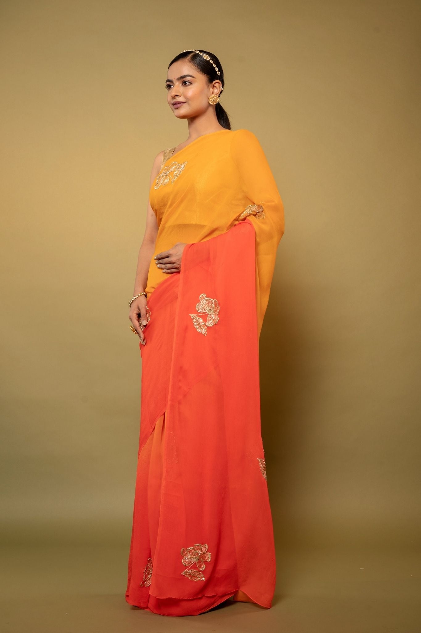 Orange light dark Viscose Chiffon aari sequins handwork party wear saree