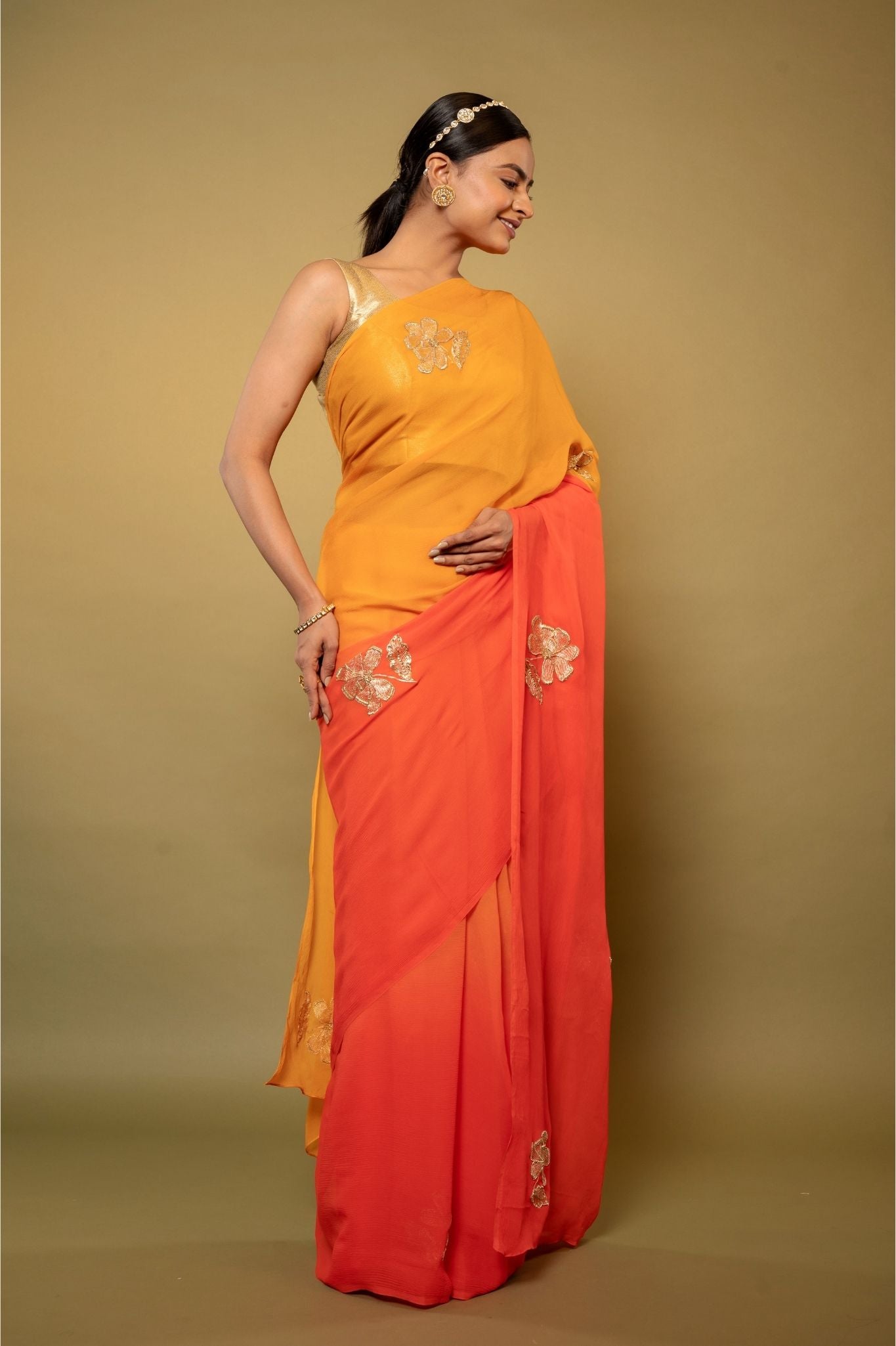 Orange light dark Viscose Chiffon aari sequins handwork party wear saree