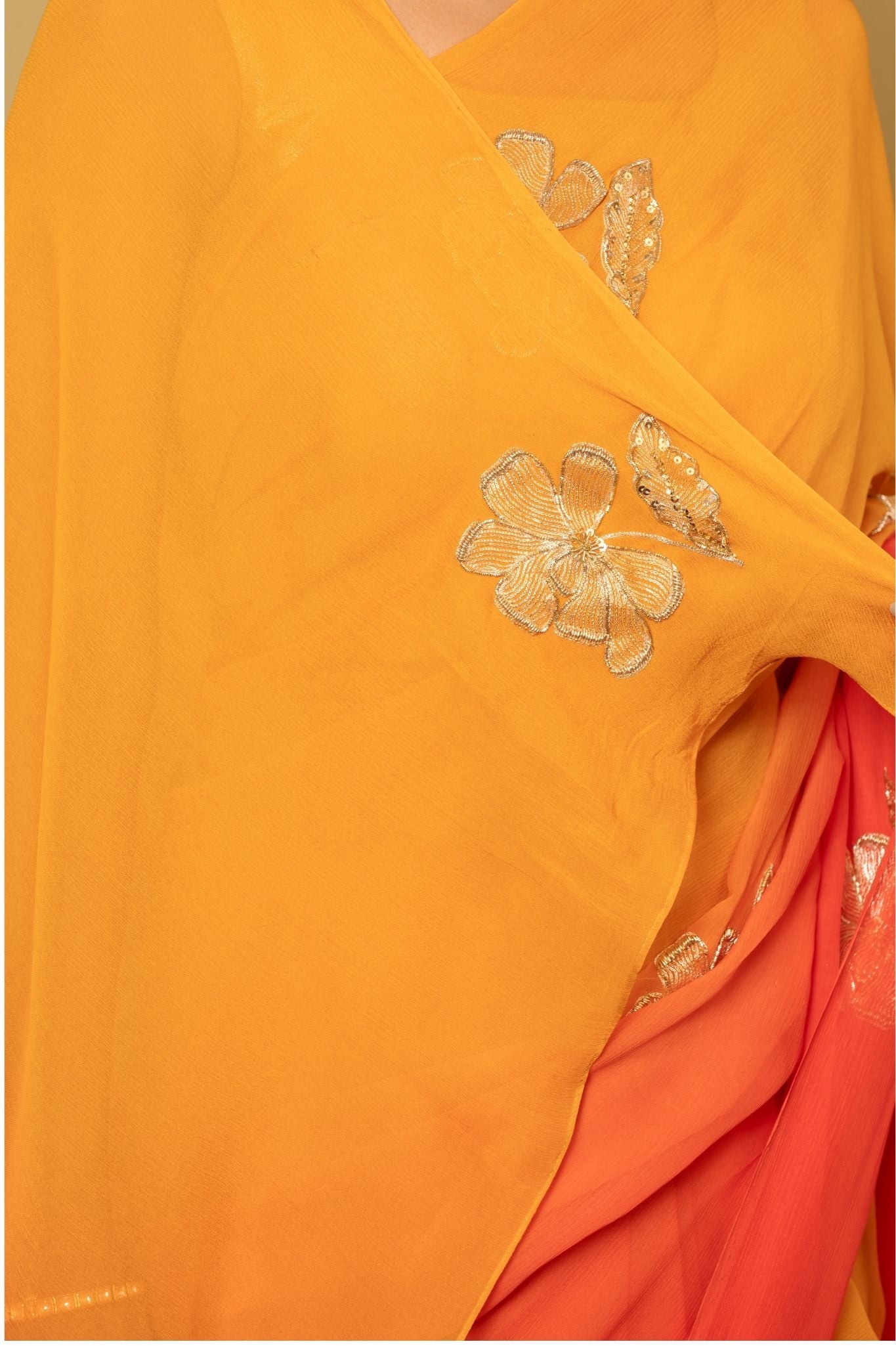 Orange light dark Viscose Chiffon aari sequins handwork party wear saree