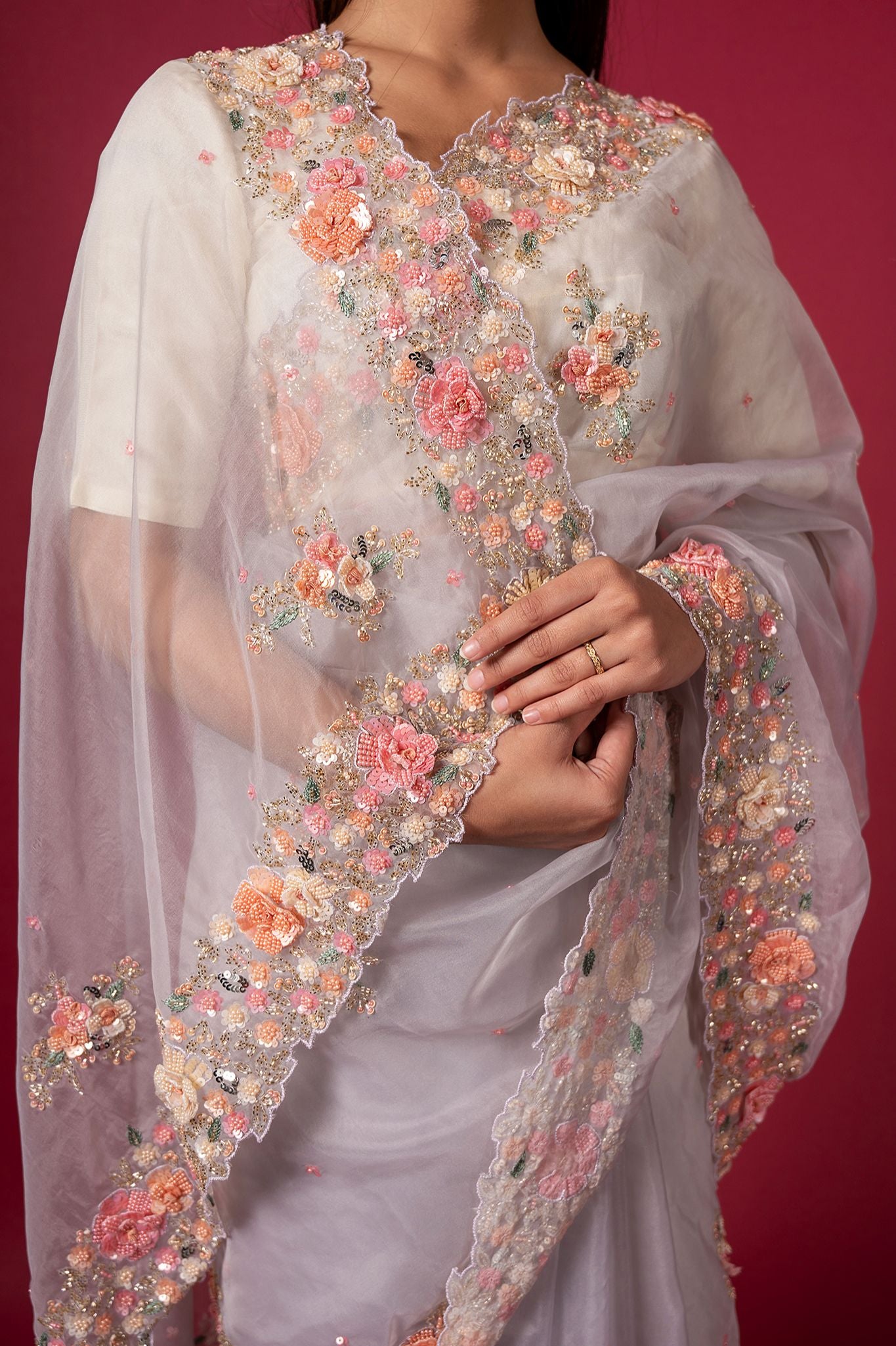 lavender organza pearl sequins kardana resham handwork saree