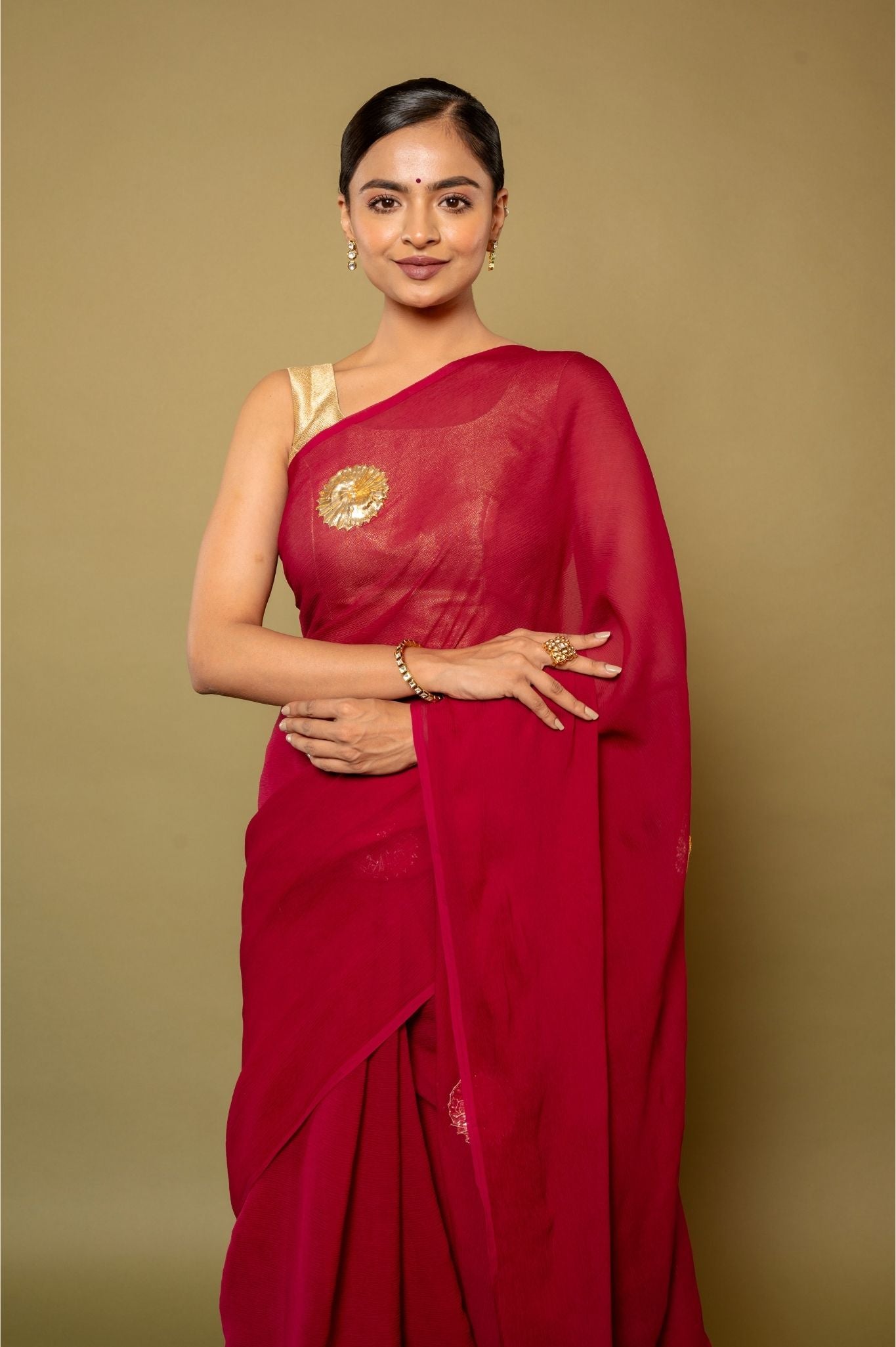 Wine pure chiffon real Silver Champa phool handwork saree