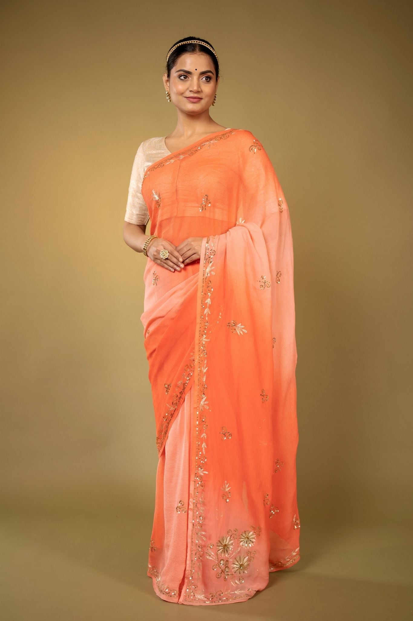Peach light dark Viscose Chiffon aari sequins handwork party wear saree