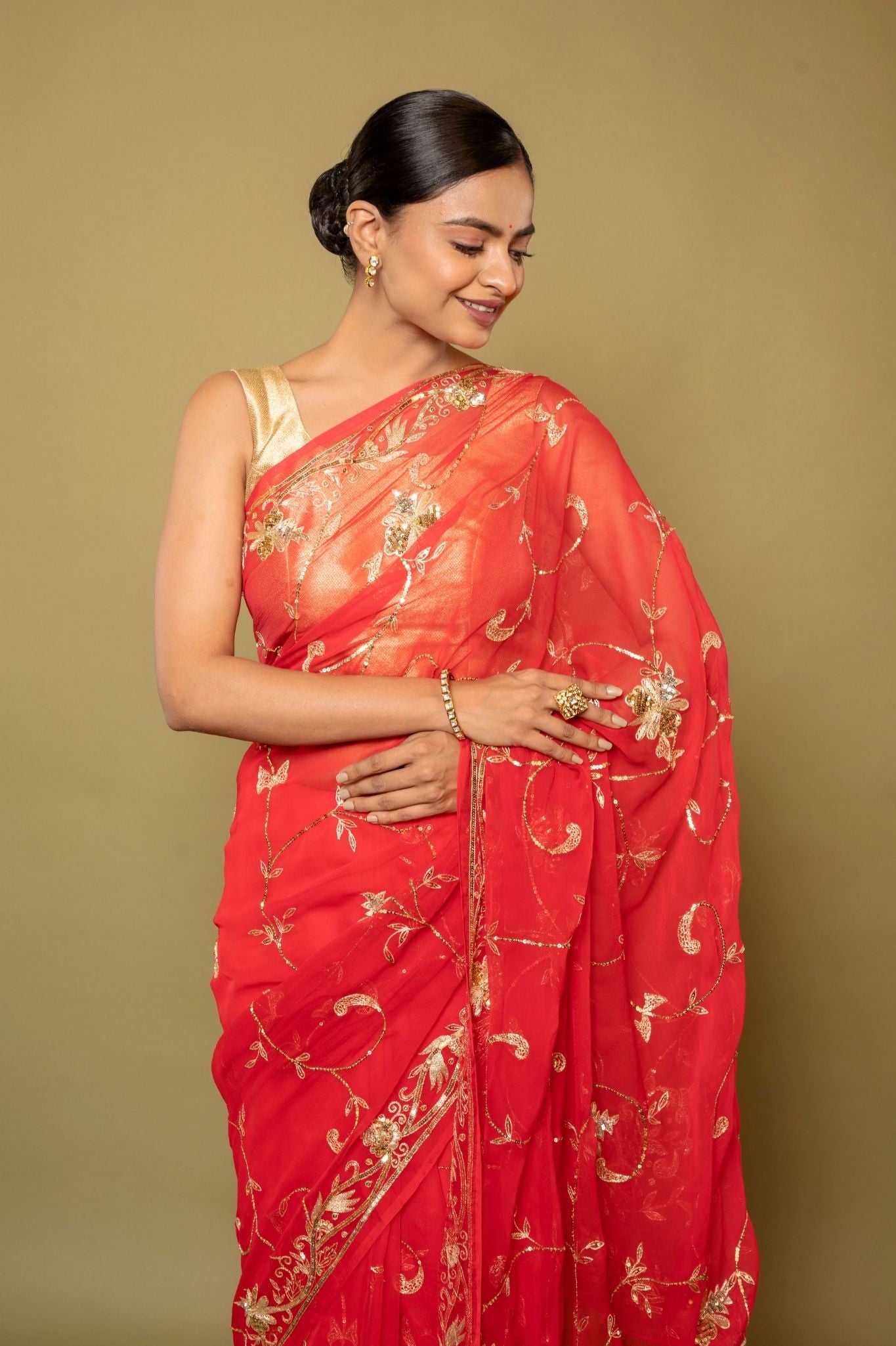 Tamatri Red Viscose aari sequins jaal handwork saree
