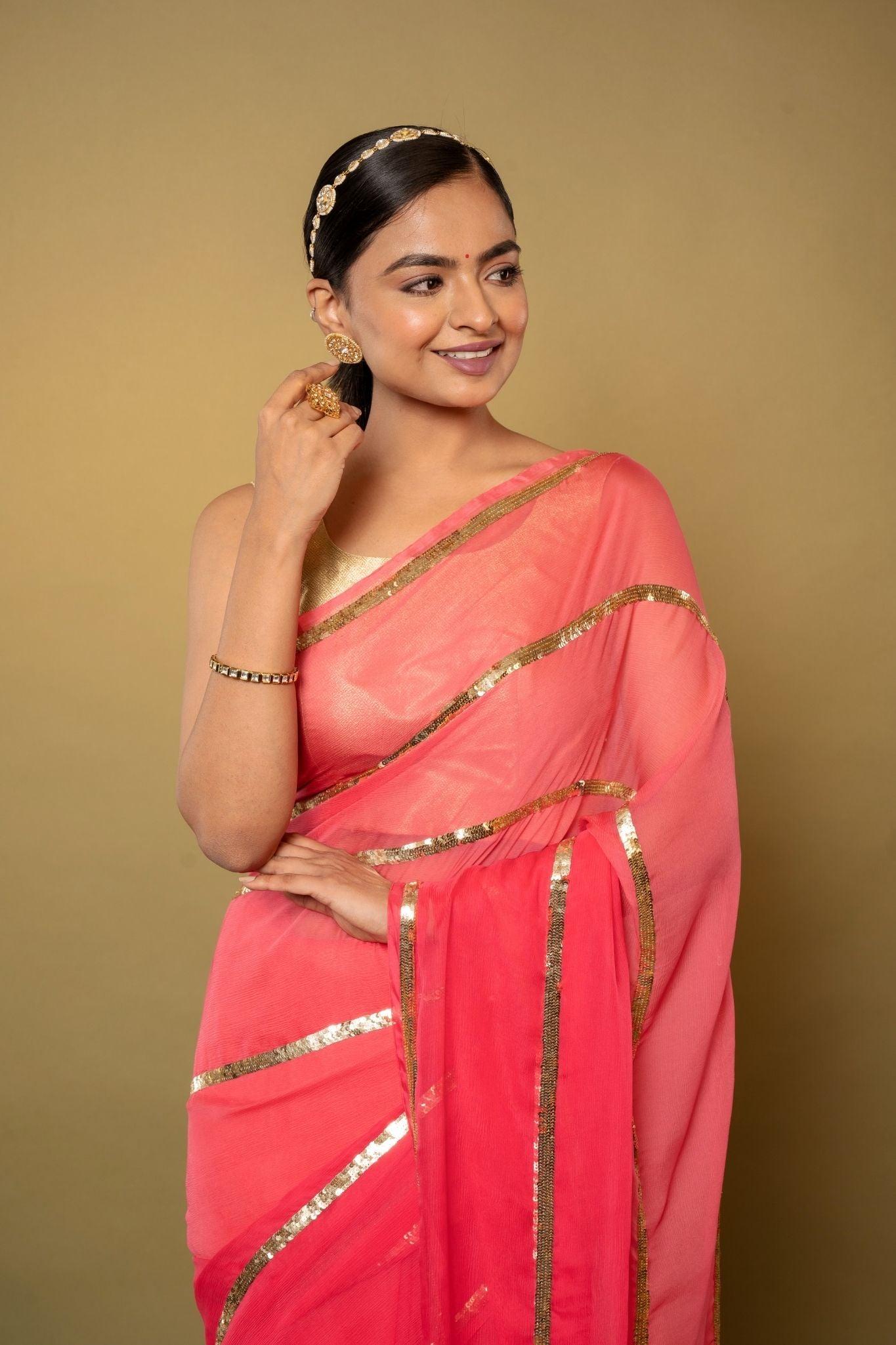 Neon Pink pure platinum Chiffon sequins handwork saree