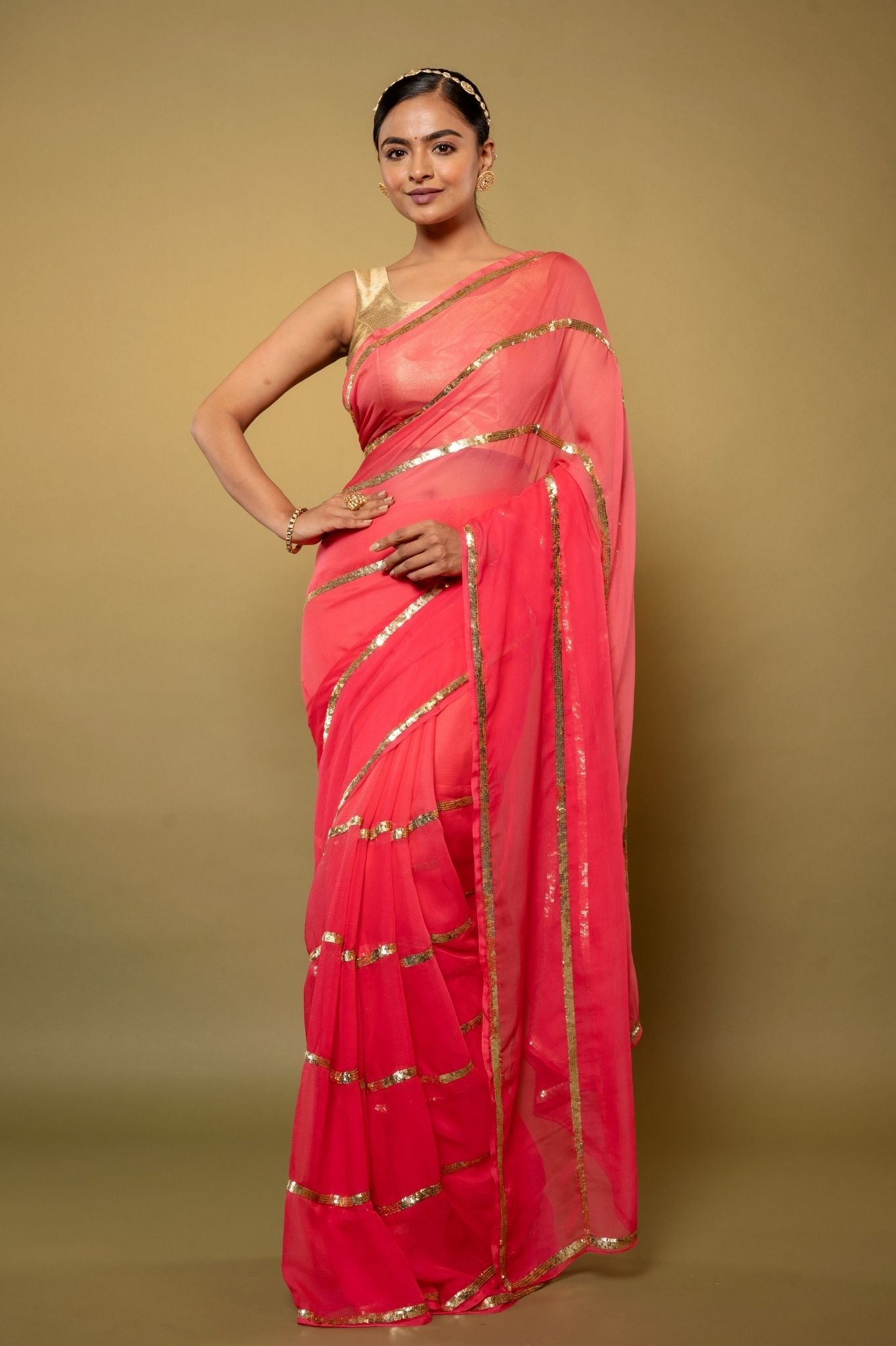 Neon Pink pure platinum Chiffon sequins handwork saree