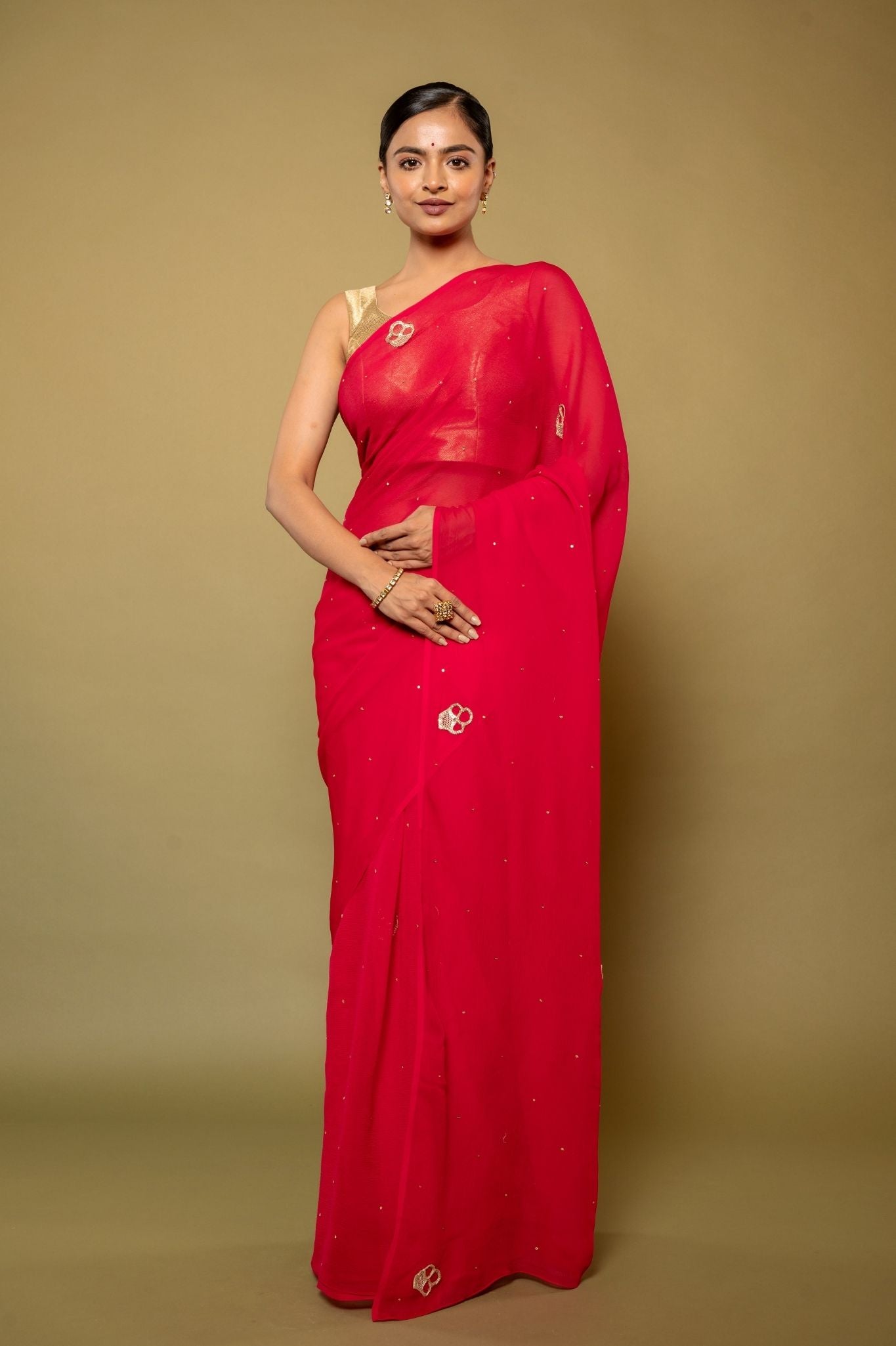 Raspbeery red pure platinum Chiffon real silver butti handwork saree