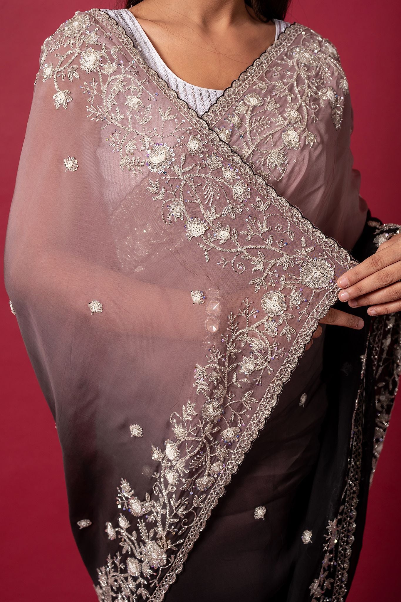 black grey organza pearl sequins kardana handwork saree