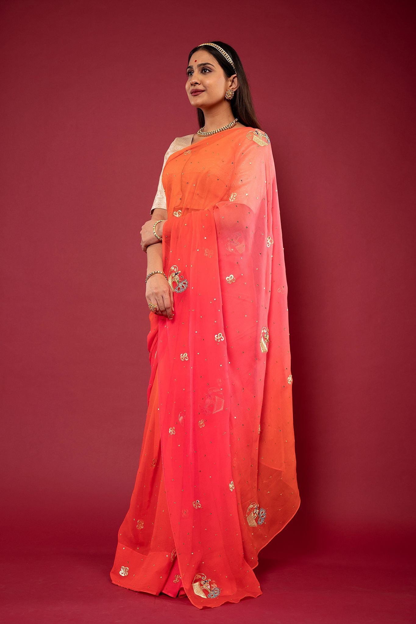 peach pink pure chiffon Aari zardozi resham motif handwork saree