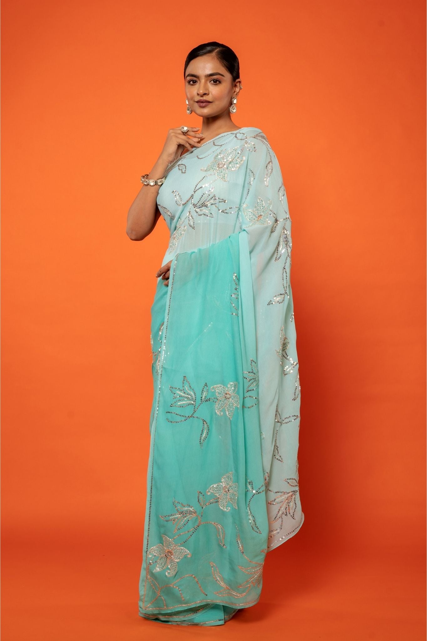 Aqua Blue light dark Pure Platinum Chiffon aari sequins jaal handwork saree