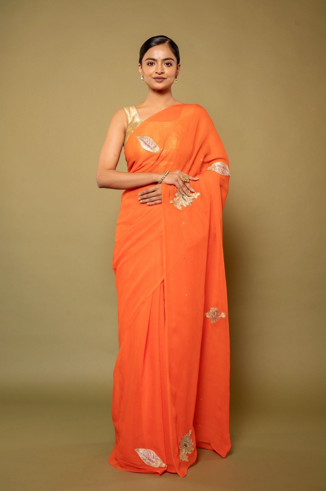 Orange Pure Platinum Chiffon Real Silver Chanderi handwork saree