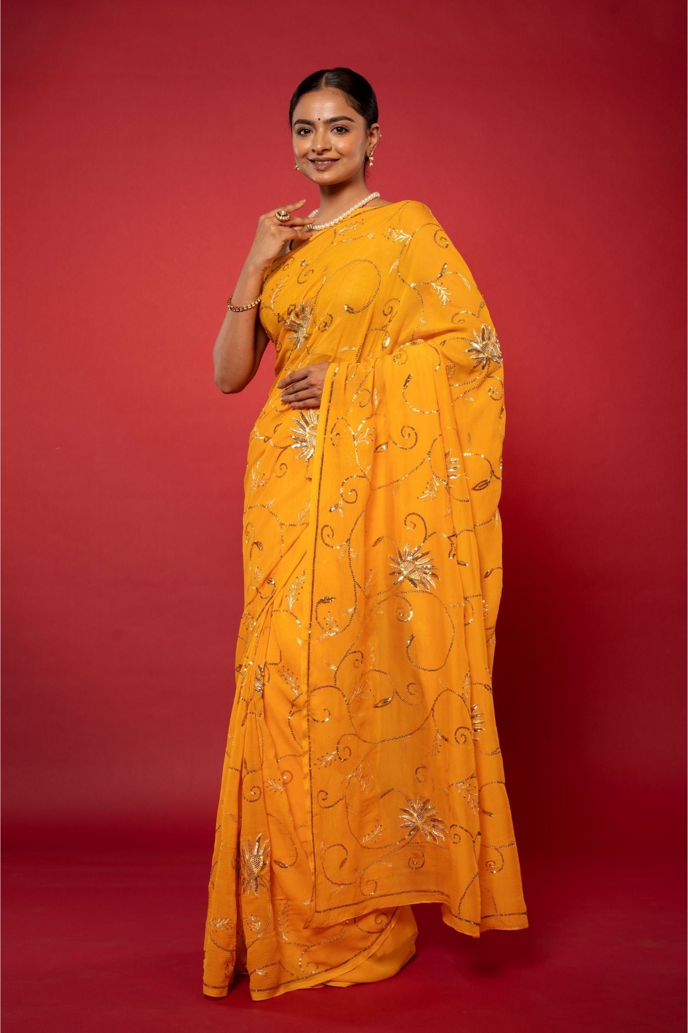 yellow pure chiffon aari sequins jaal handwork saree