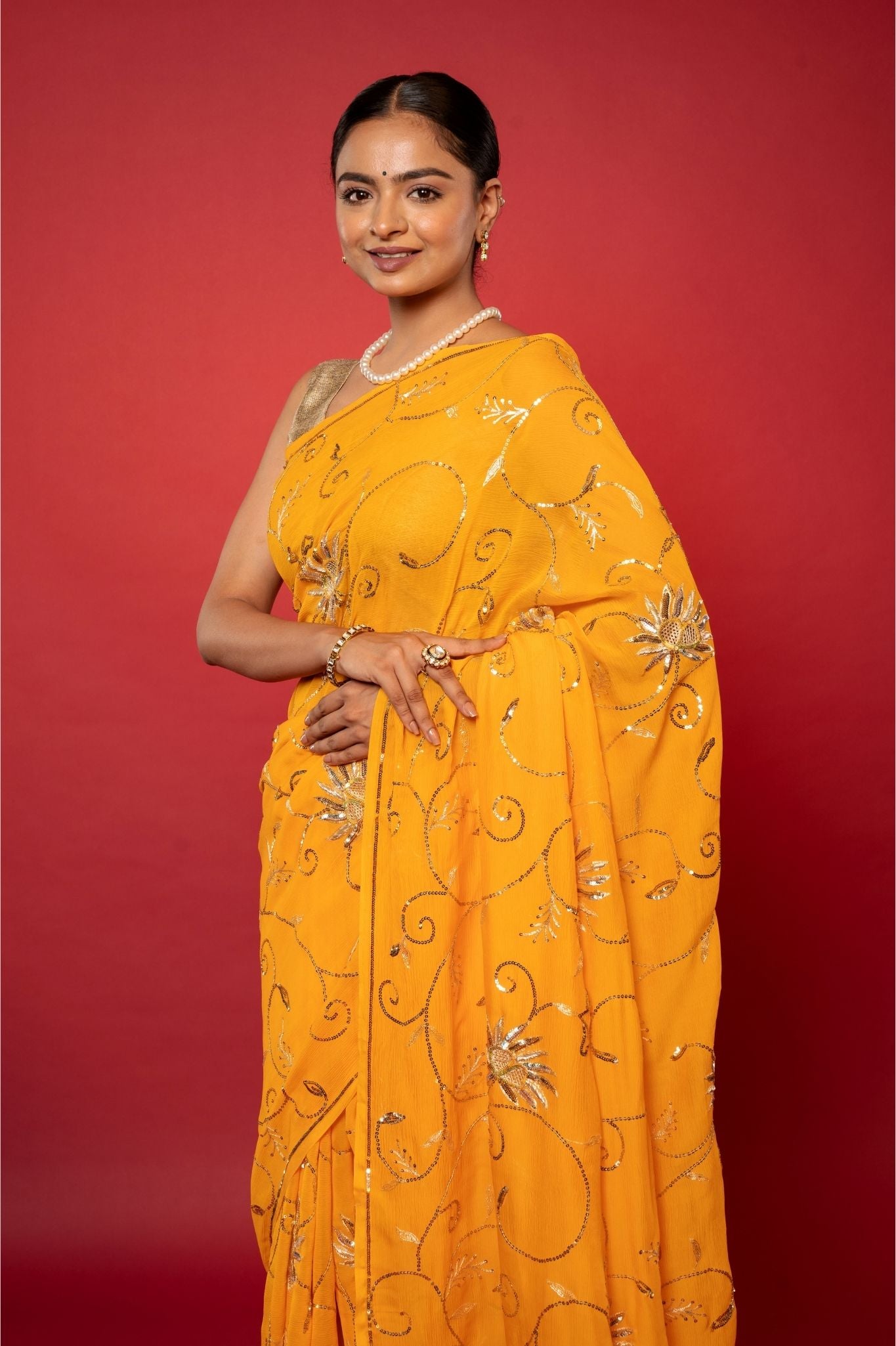 yellow pure chiffon aari sequins jaal handwork saree