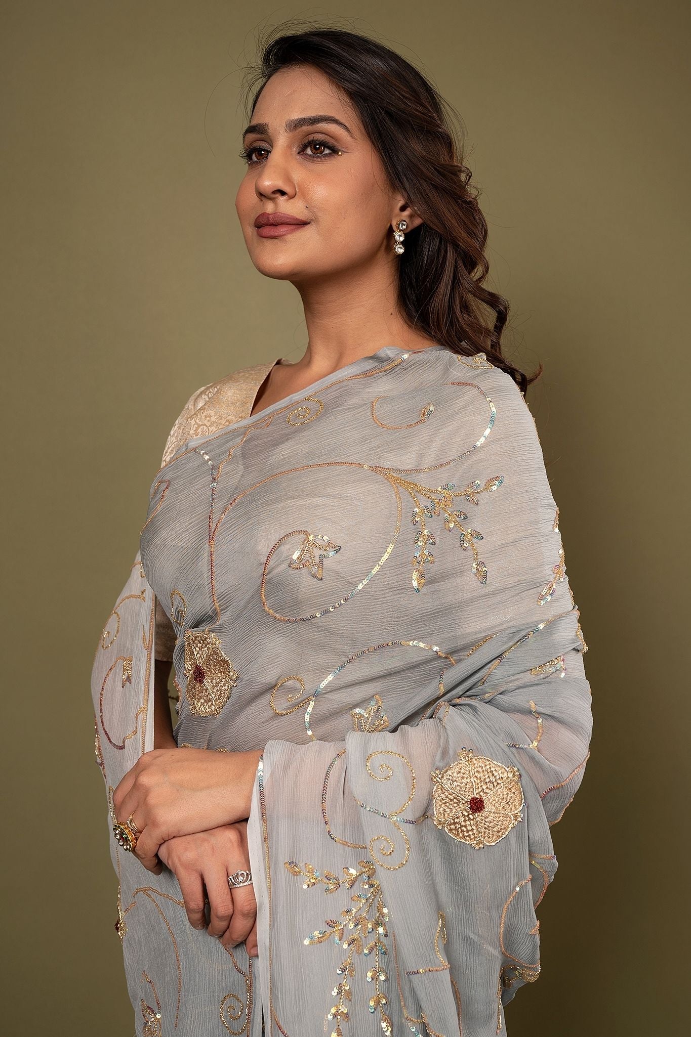 Grey pure chiffon sequins zari jaal handwork saree