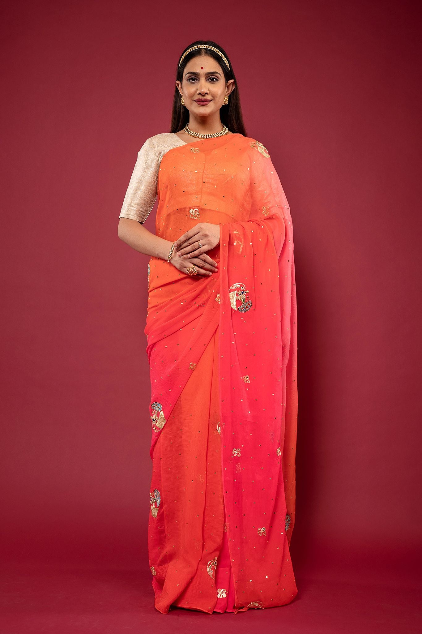 peach pink pure chiffon Aari zardozi resham motif handwork saree