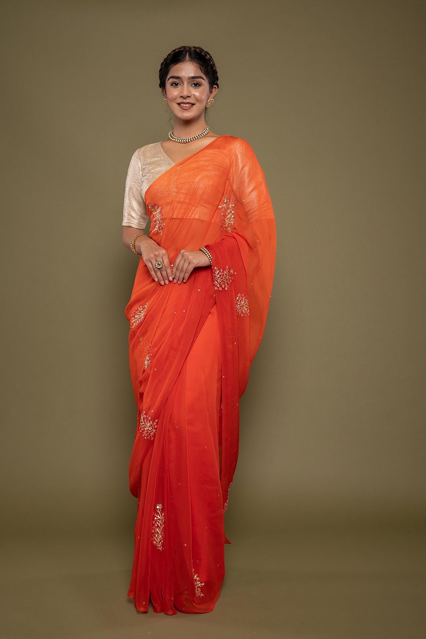 orange viscose chiffon aari sequns handwork saree