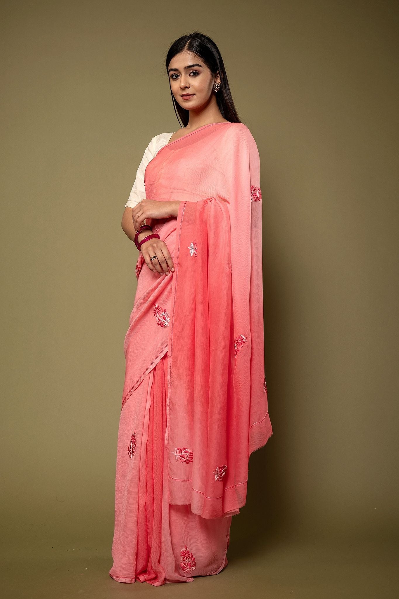 Peach Pink Pure Chiffon Resham Motif handwork saree