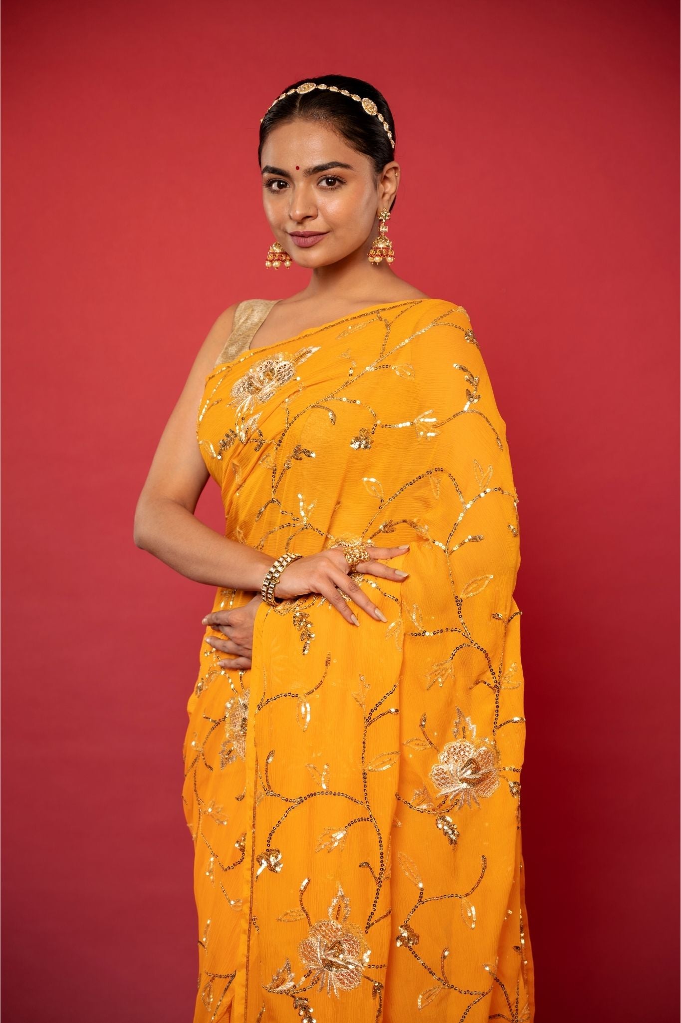 yellow pure chiffon aari sequins jaal handwork saree