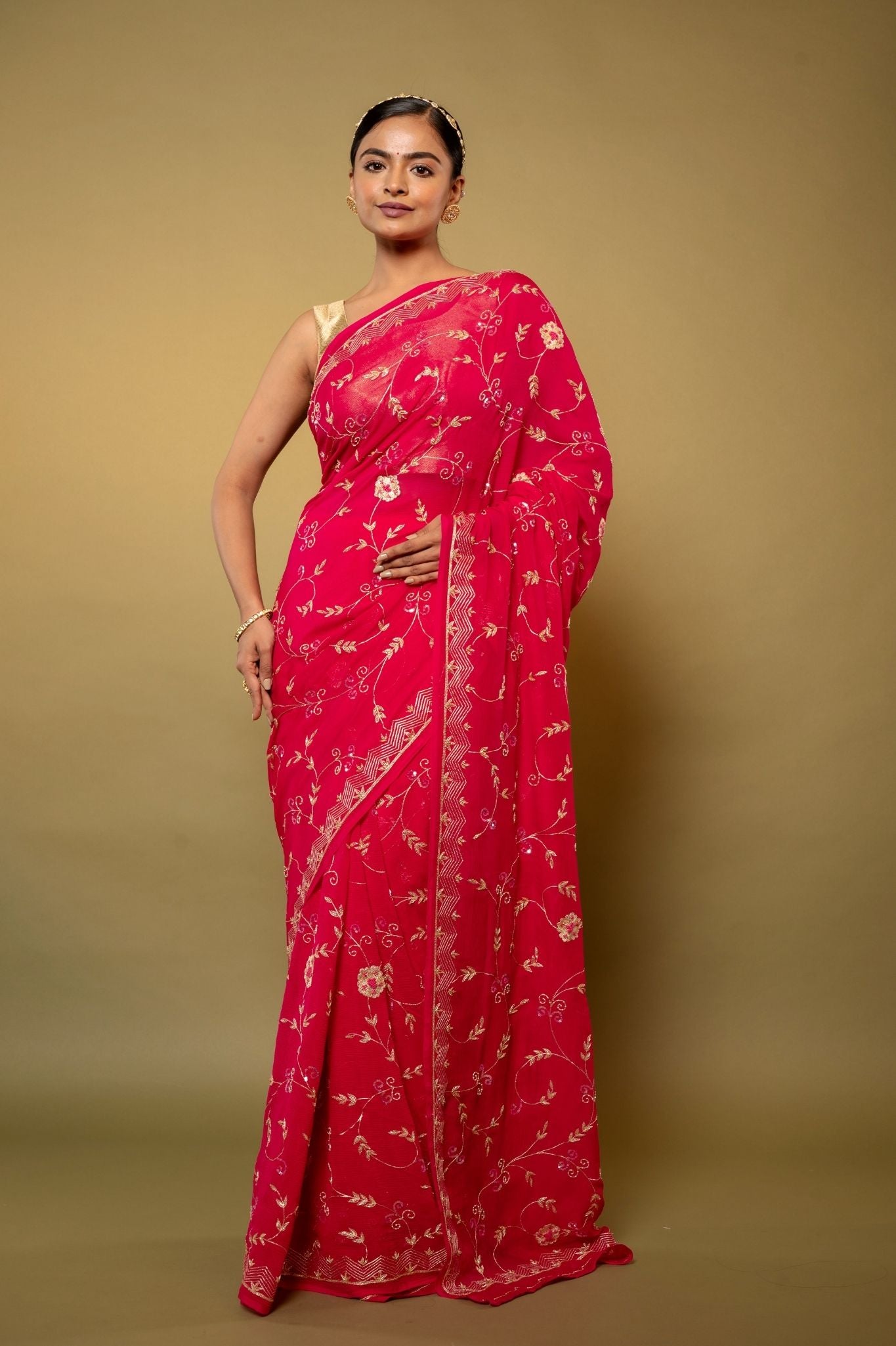 Red pure chiffon aari jaal handwork saree