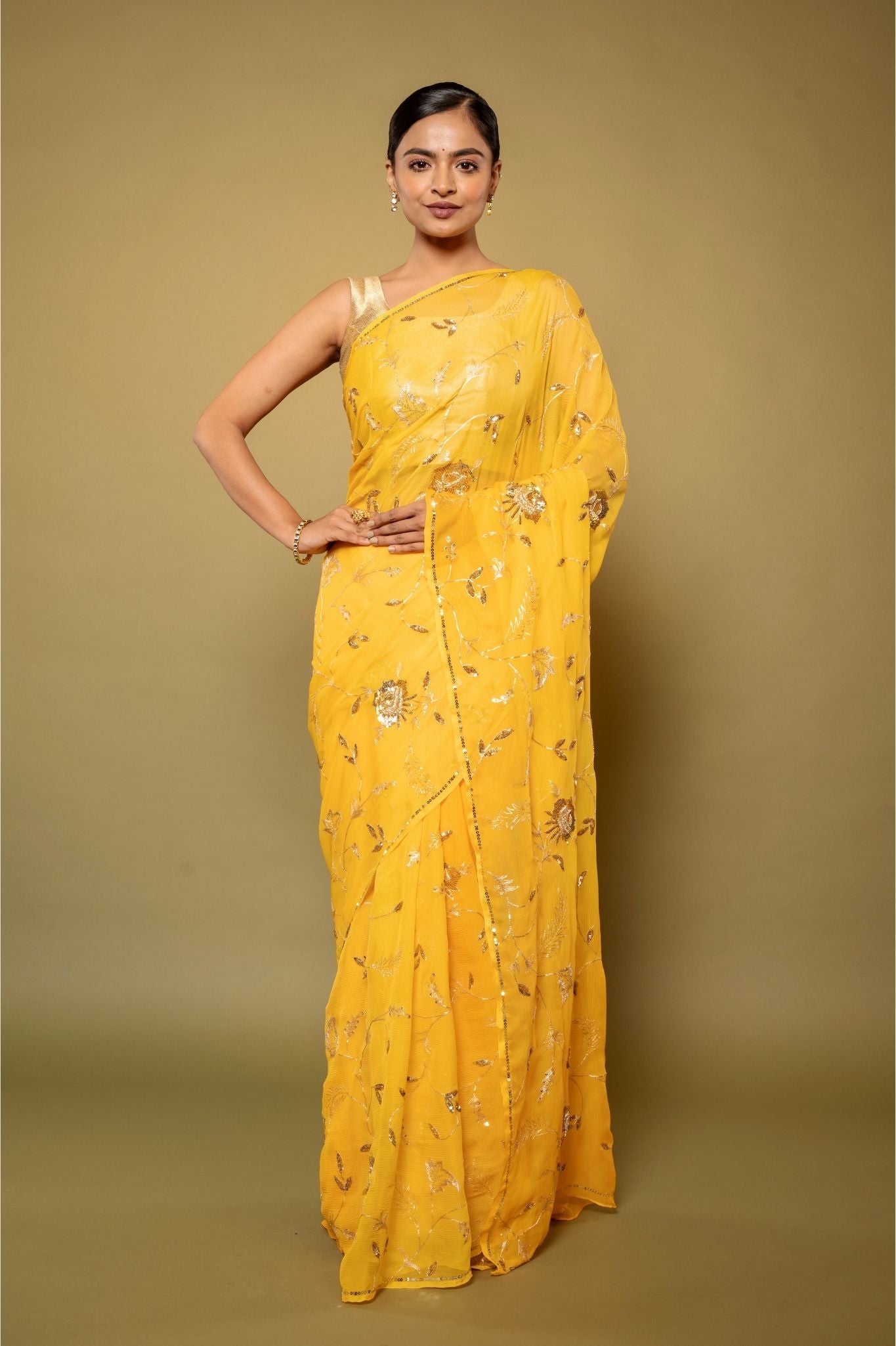 yellow pure chiffon aari sequins jaal handwork saree