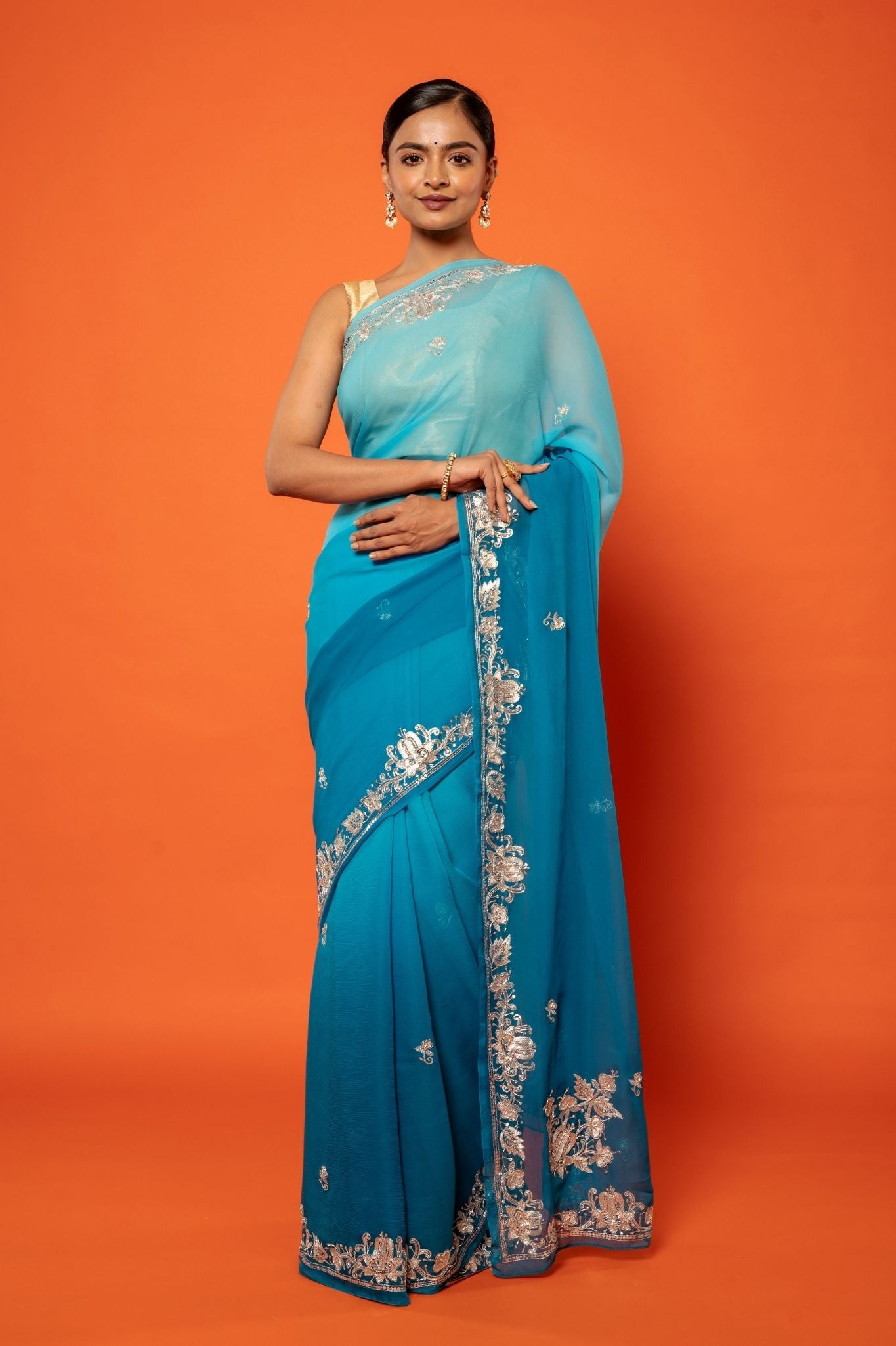 Rama Blue Light dark pure chiffon aari sequins jaal handwork saree