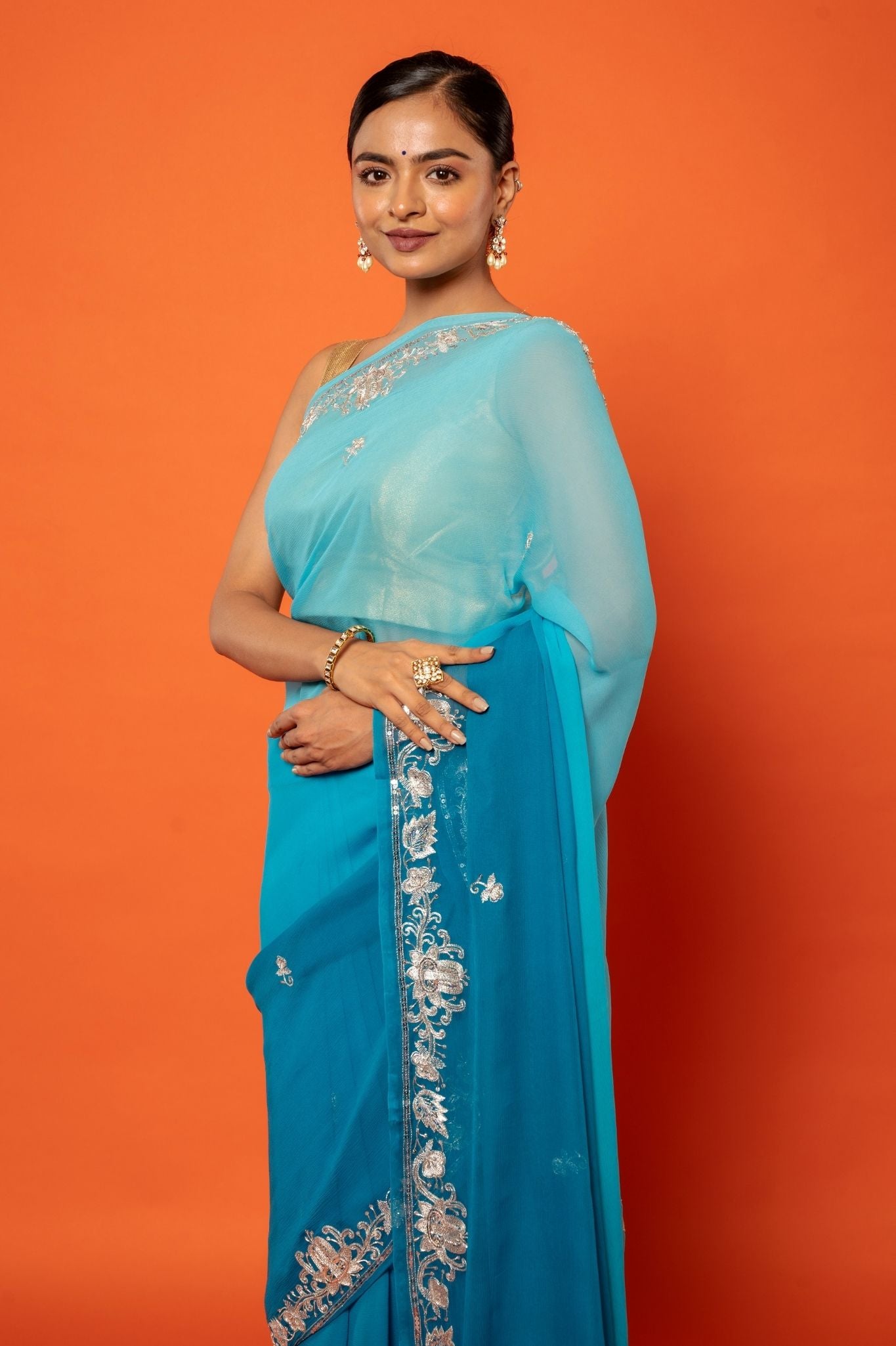 Rama Blue Light dark pure chiffon aari sequins jaal handwork saree