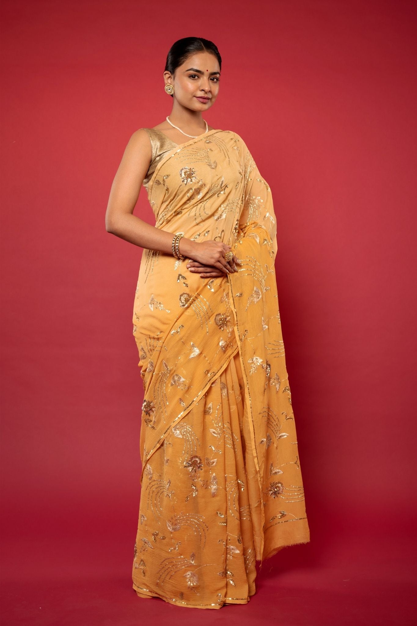 Peach pure chiffon aari sequins jaal handwork saree