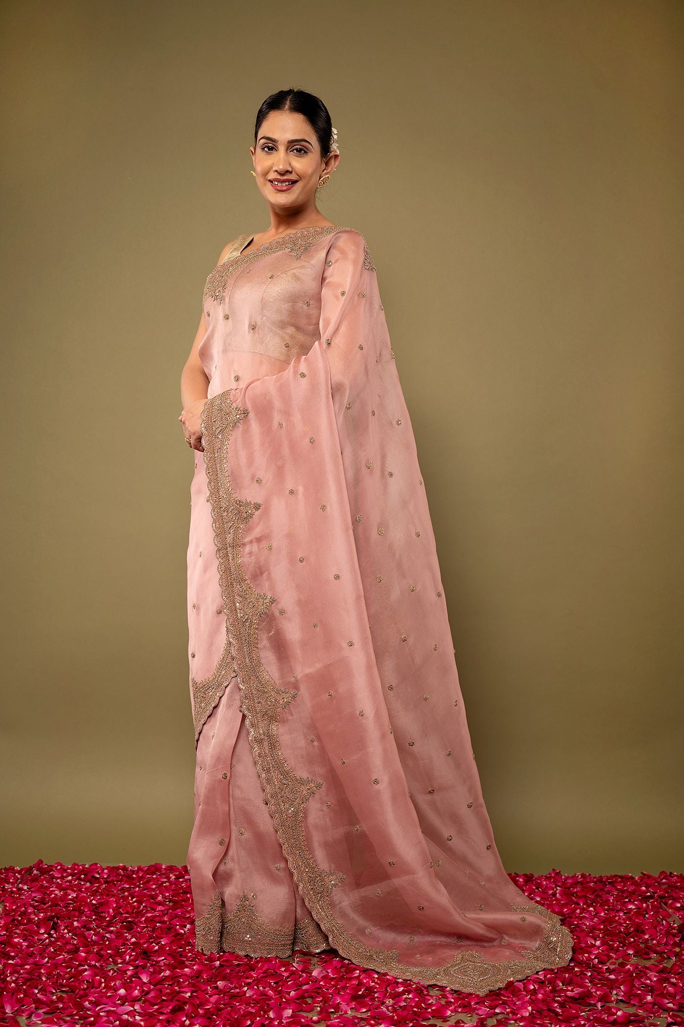 mate pink pure organza Dapka Marodi Border Butti handwork saree
