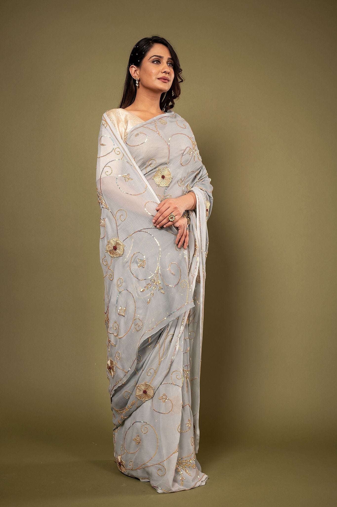 Grey pure chiffon sequins zari jaal handwork saree