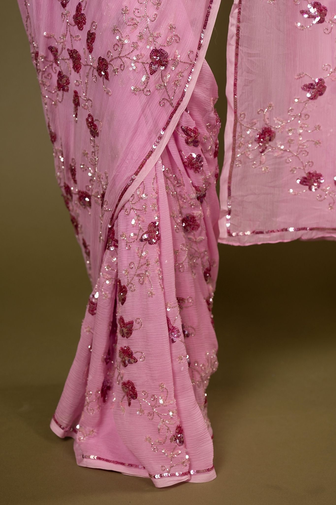 Pink light dark Pure Chiffon sequins kardana jaal handwork saree