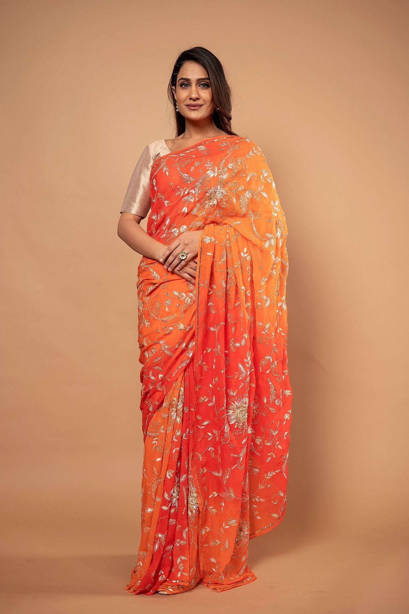 Orange light dark pure chiffon aari sequins zardozi jaal handwork saree