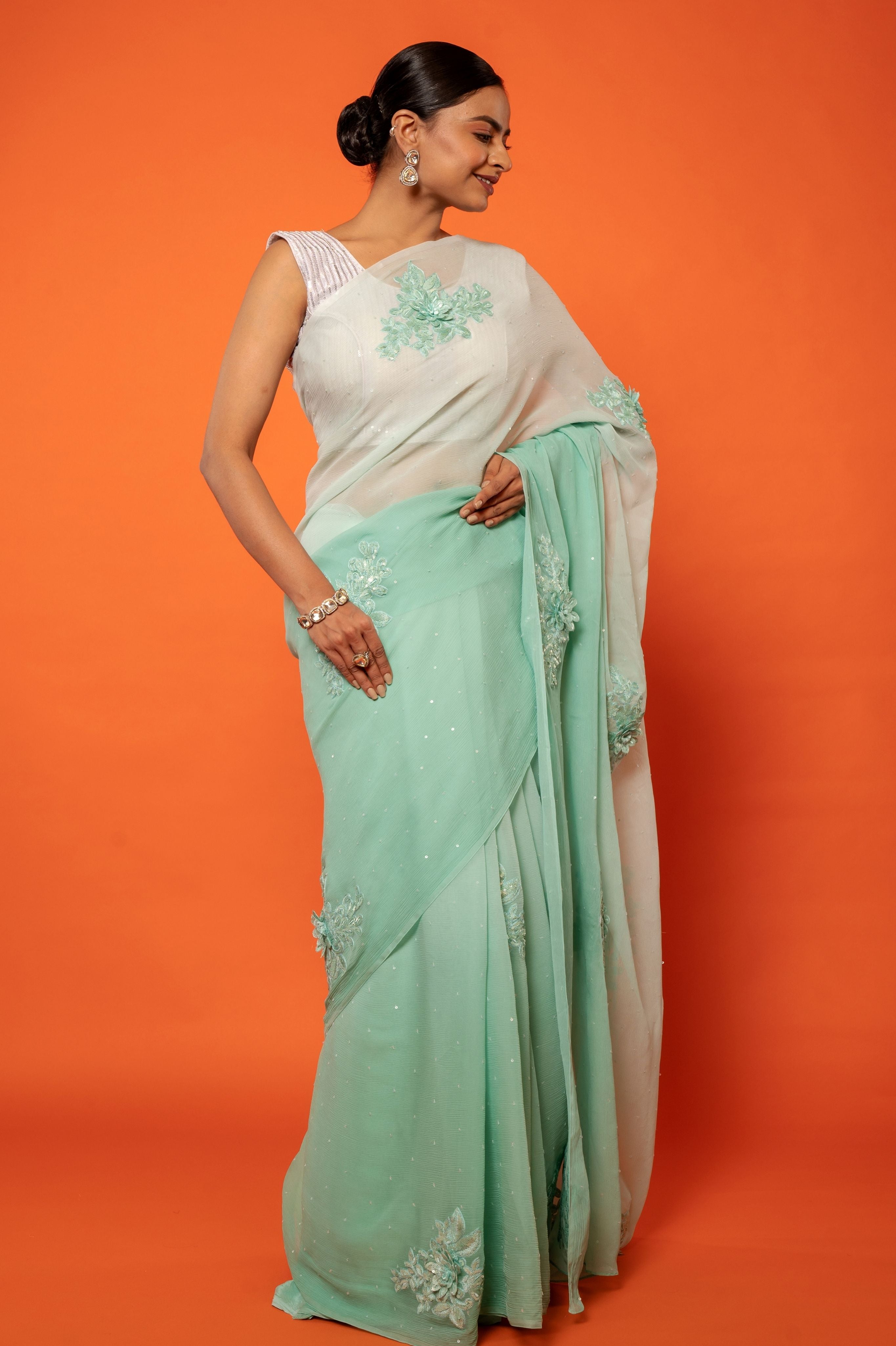 Sea Green pure chiffon resham sequins motif handwork saree