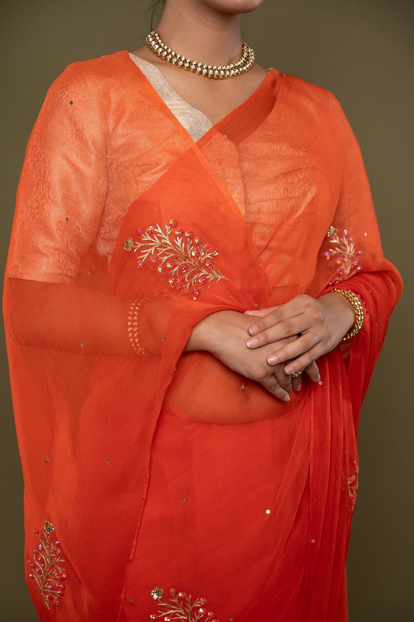 orange viscose chiffon aari sequns handwork saree
