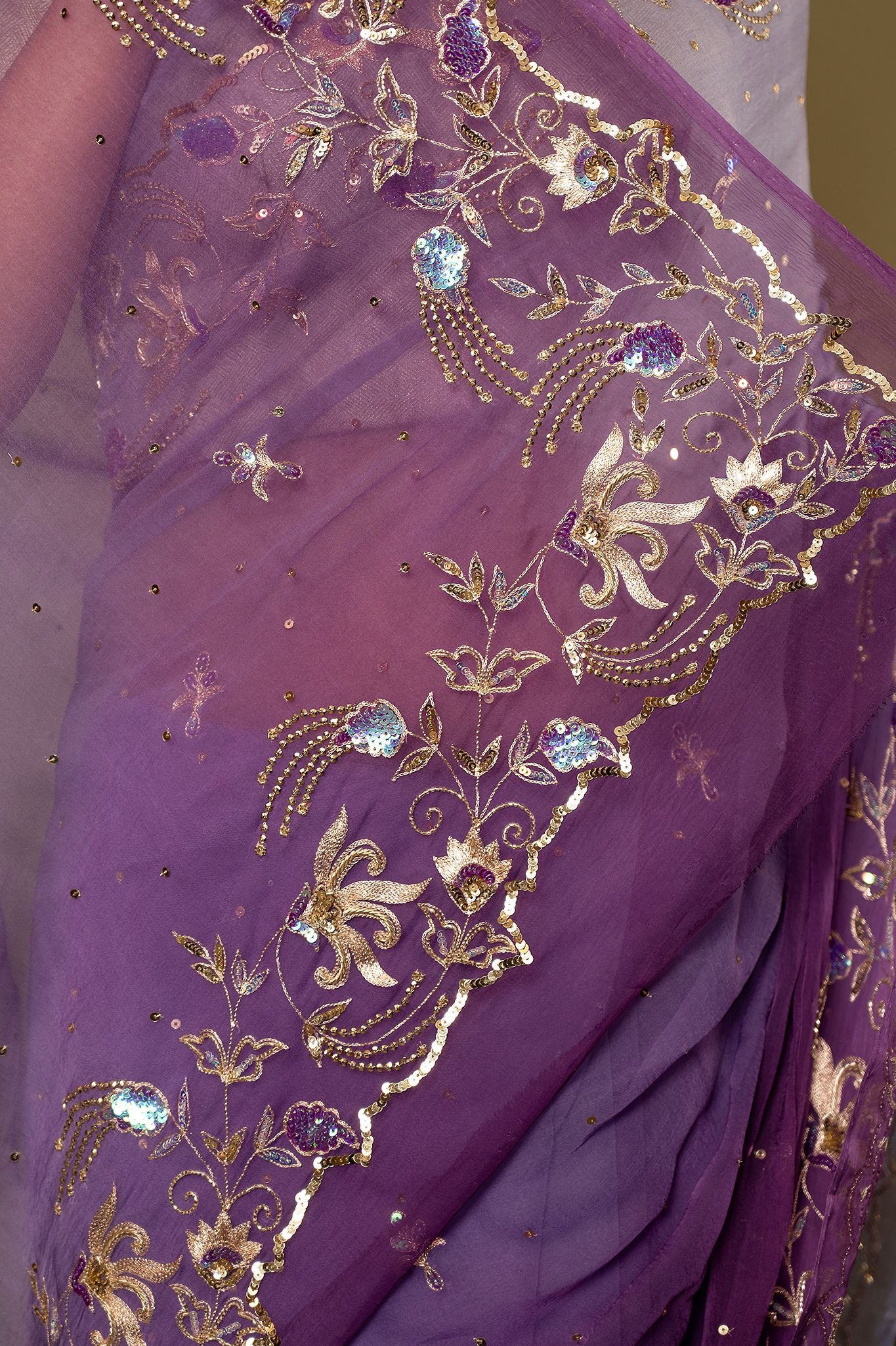 Lavender viscose Chiffon aari sequins border butti handwork saree
